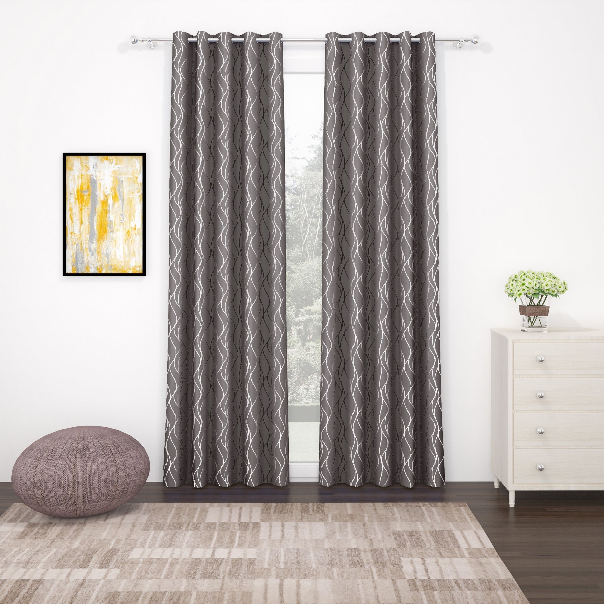 2 Pcs Blackout Foil Grey & Silver Curvy Line Dots Window/Door/Long Door Curtains