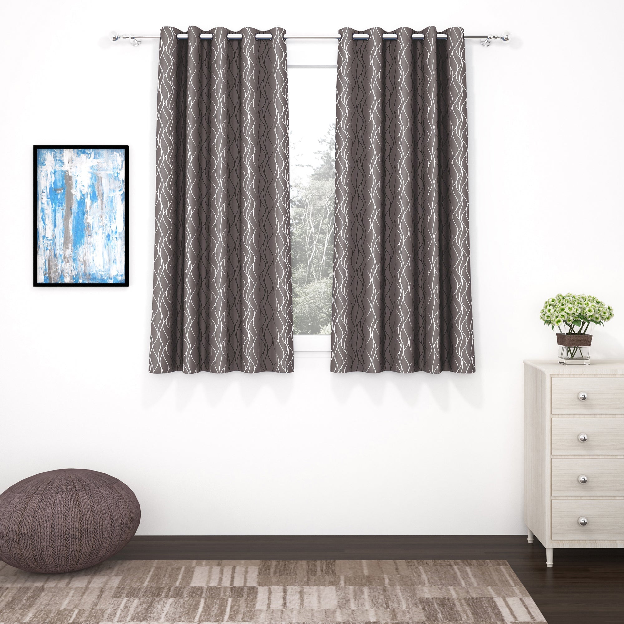 2 Pcs Blackout Foil Grey & Silver Curvy Line Dots Window/Door/Long Door Curtains