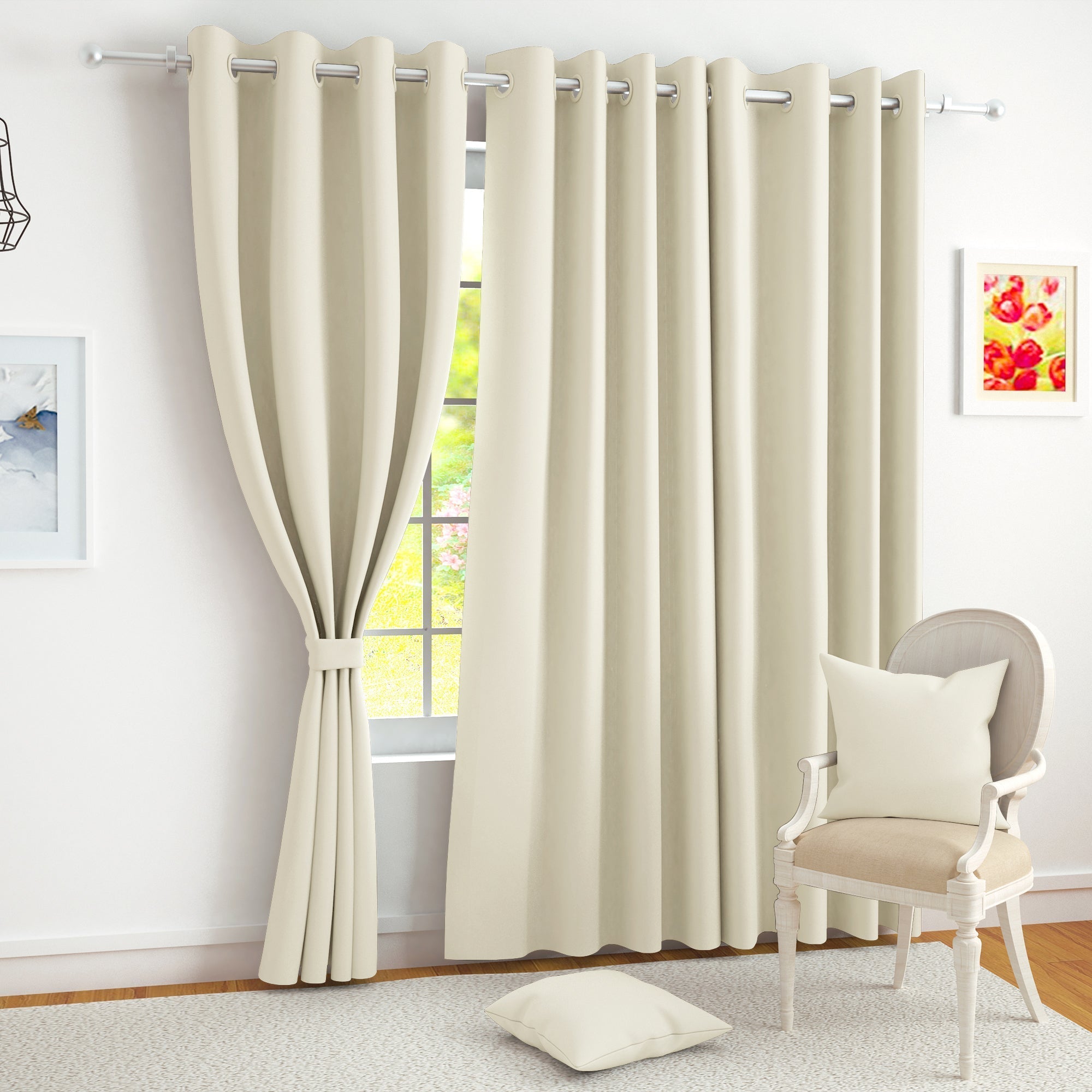 2 Pcs Beige Blackout Faux Silk Room Darkening Window/Door/Semi Long Door/Long Door Curtains