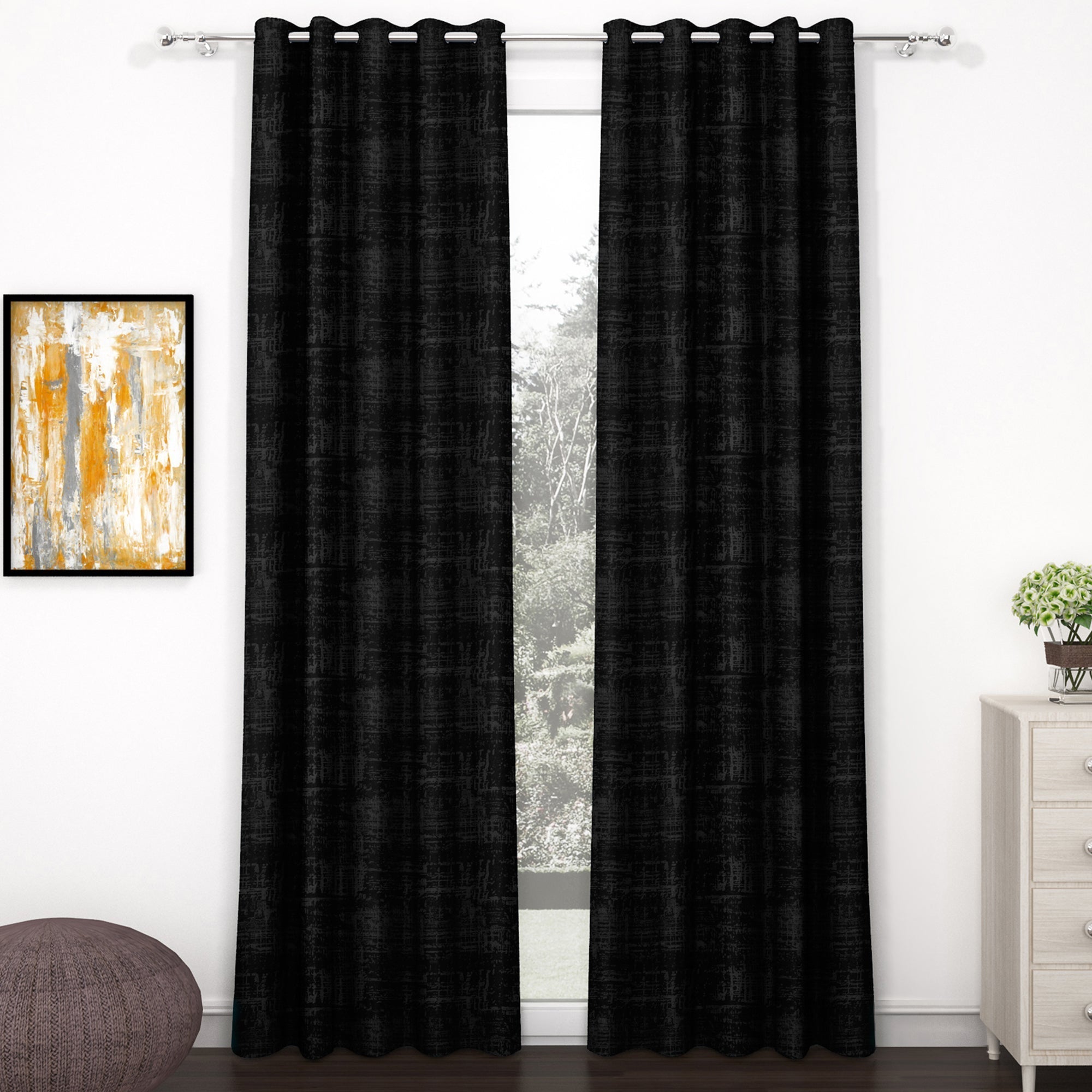2 Pcs Black Grunge Blackout Emboss Faux Silk Room Darkening Window/Door/Long Door Curtains
