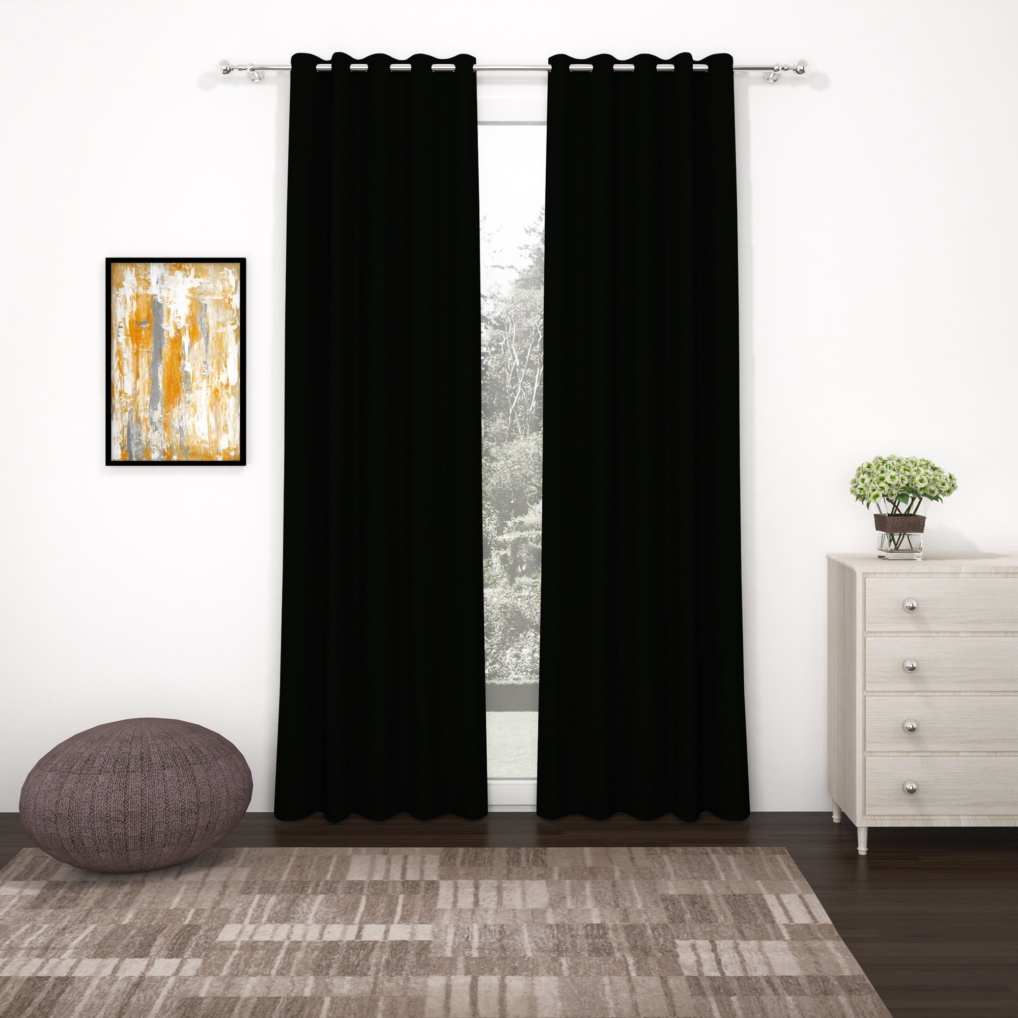 2 Pcs Black Blackout Faux Silk Room Darkening Window/Door/Semi Long Door/Long Door Curtains