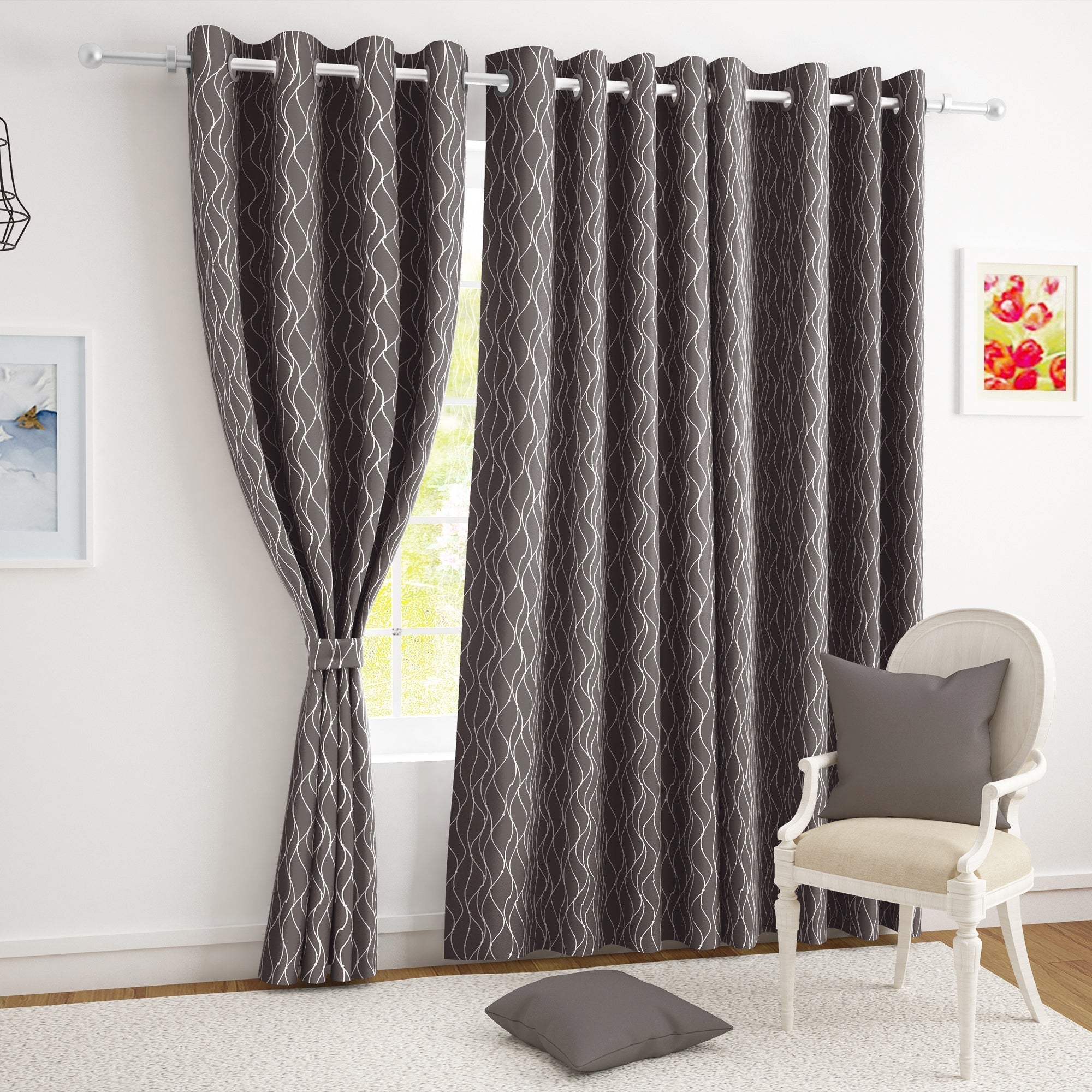2 Pcs Blackout Foil Grey & Silver Curvy Line Dots Window/Door/Long Door Curtains