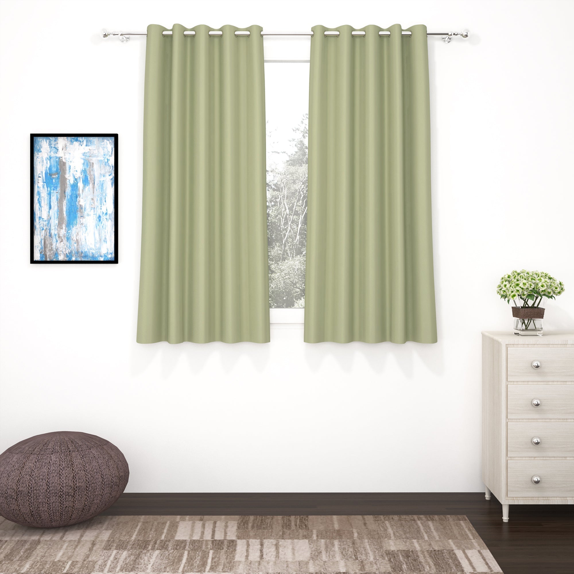 2 Pcs Green Blackout Faux Silk Room Darkening Window/Door/Semi Long Door/Long Door Curtains