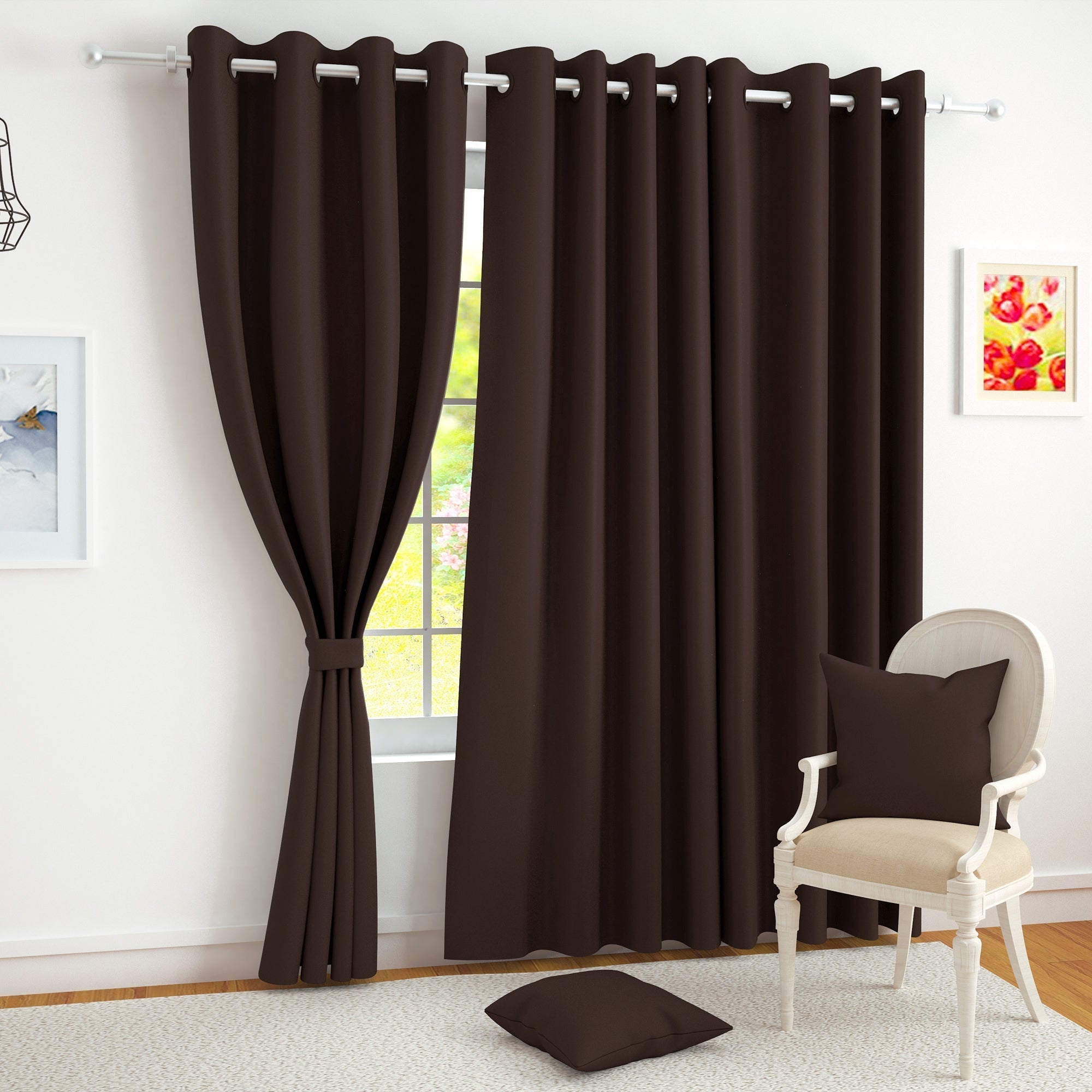 2 Pcs Brown Blackout Faux Silk Room Darkening Window/Door/Semi Long Door/Long Door Curtains