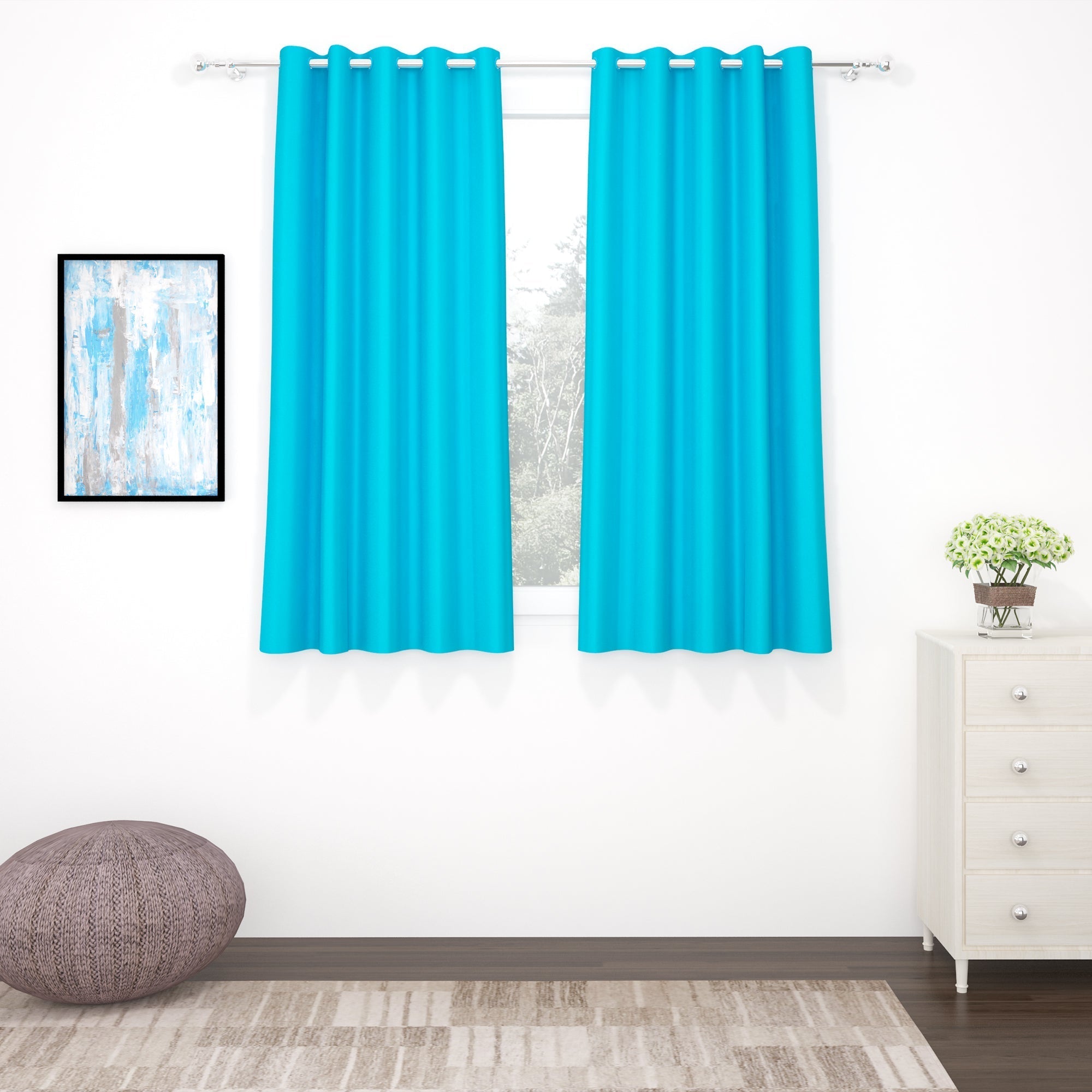 2 Pcs Blue Blackout Faux Silk Room Darkening Window/Door/Long Door Curtains