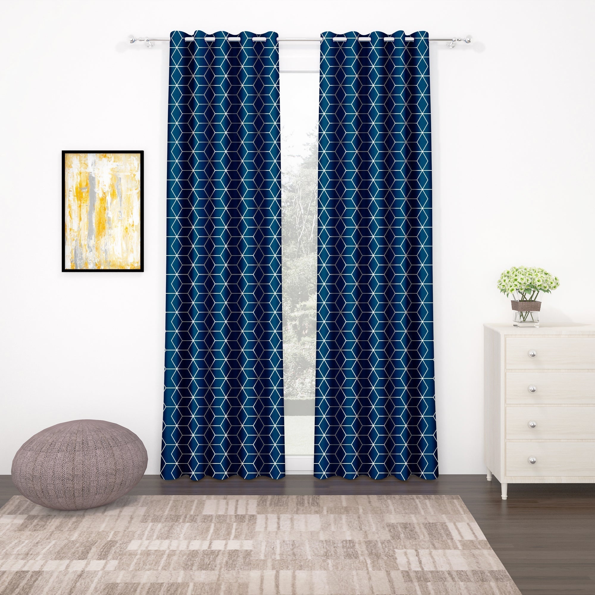 2 Pcs Blackout Foil Blue & Silver Hexagon Window/Door/Long Door Curtains