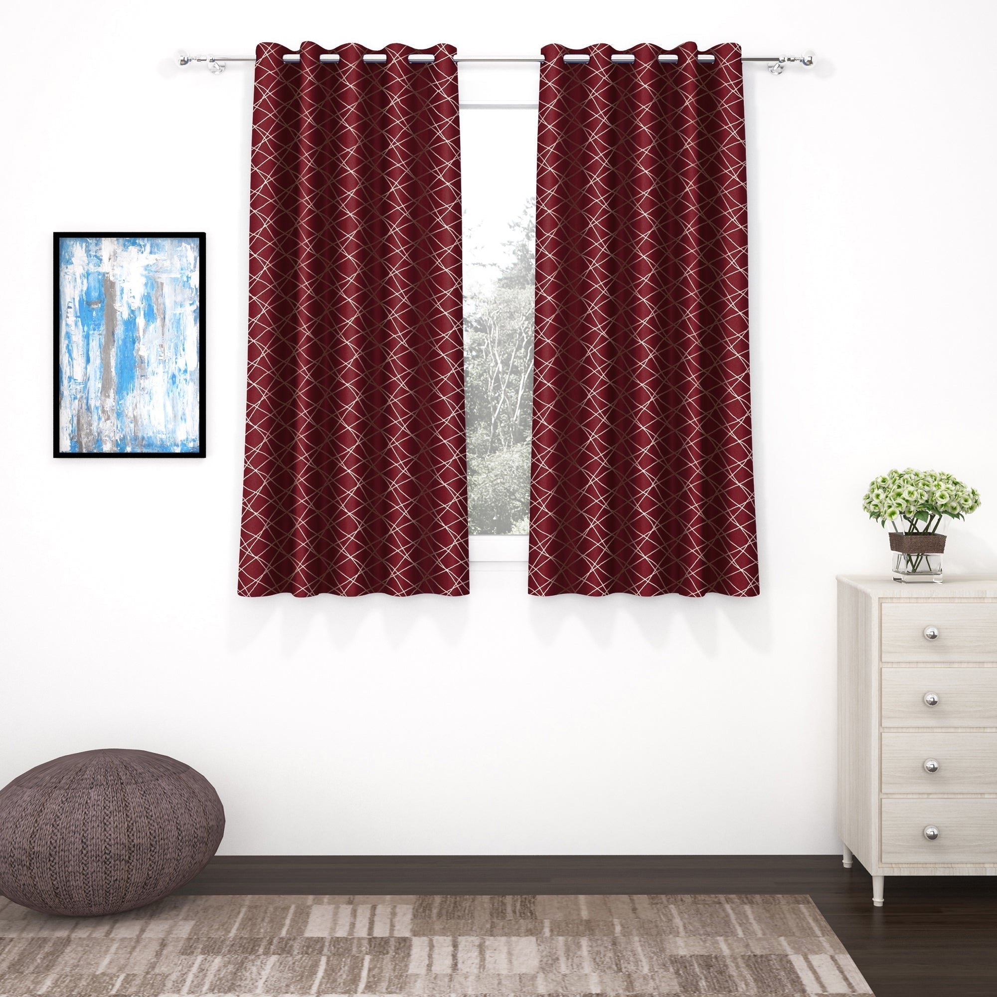2 Pcs Blackout Foil Maroon & Golden Criss Cross Window/Door/Long Door Curtains