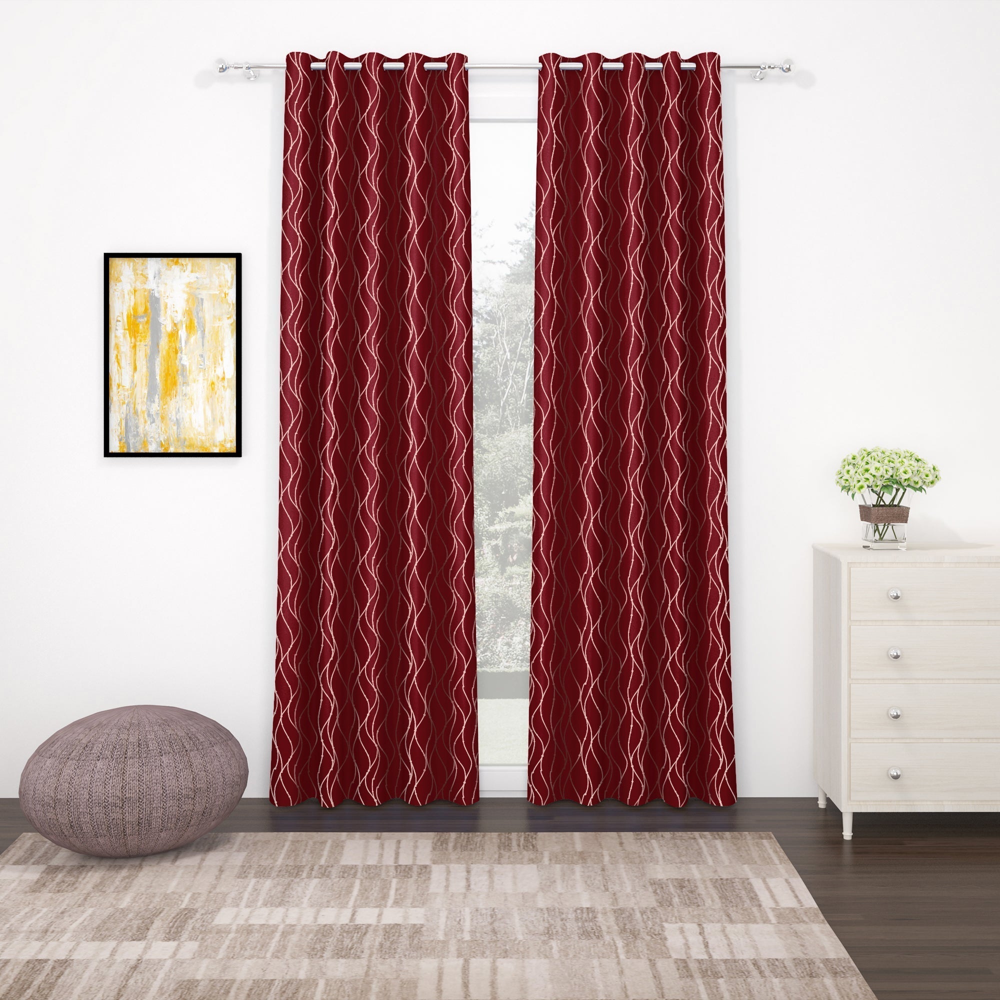 2 Pcs Blackout Foil Maroon & Golden Curvy line Dots Window/Door/Long Door Curtains