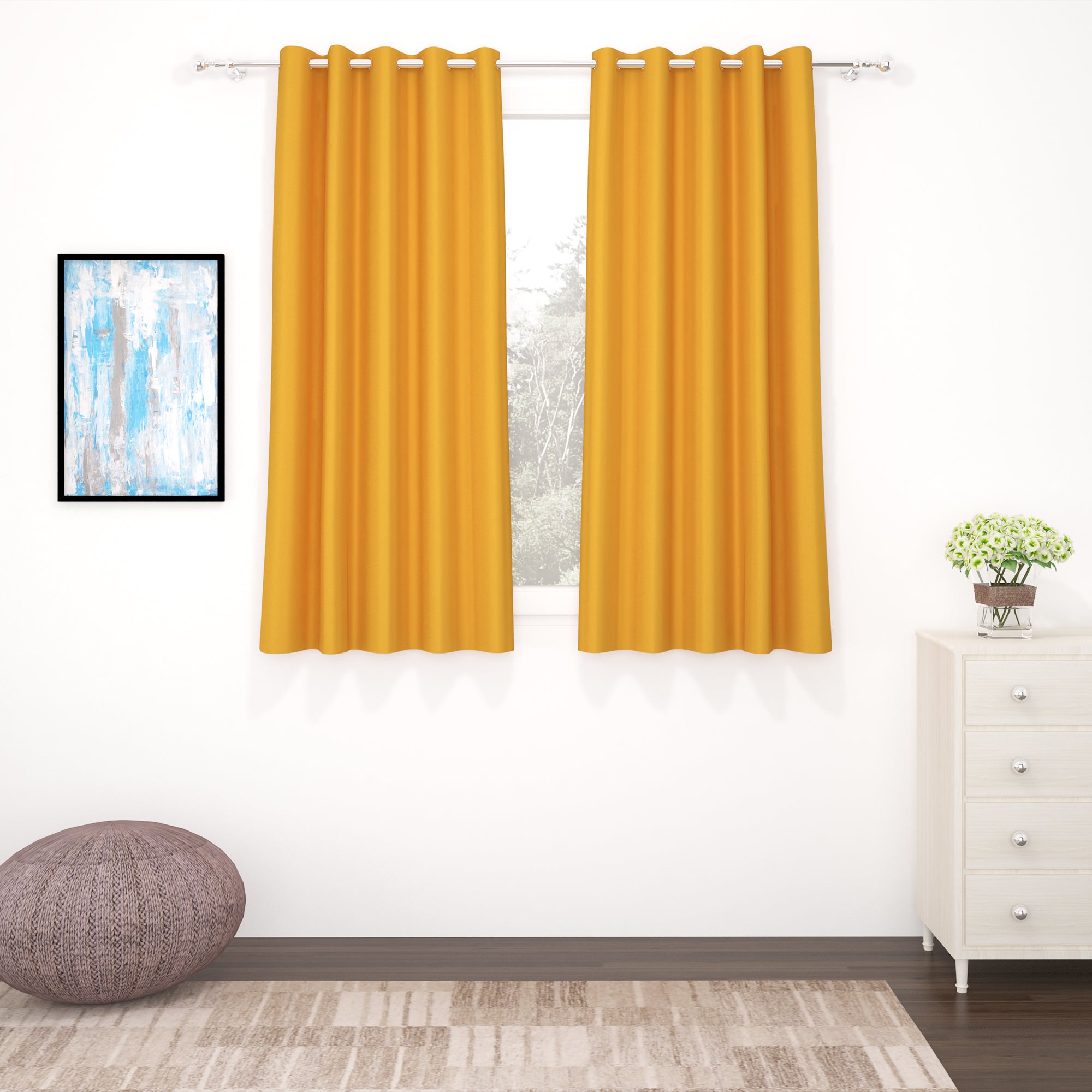 2 Pcs Mustard Blackout Faux Silk Room Darkening Window/Door/Long Door Curtains