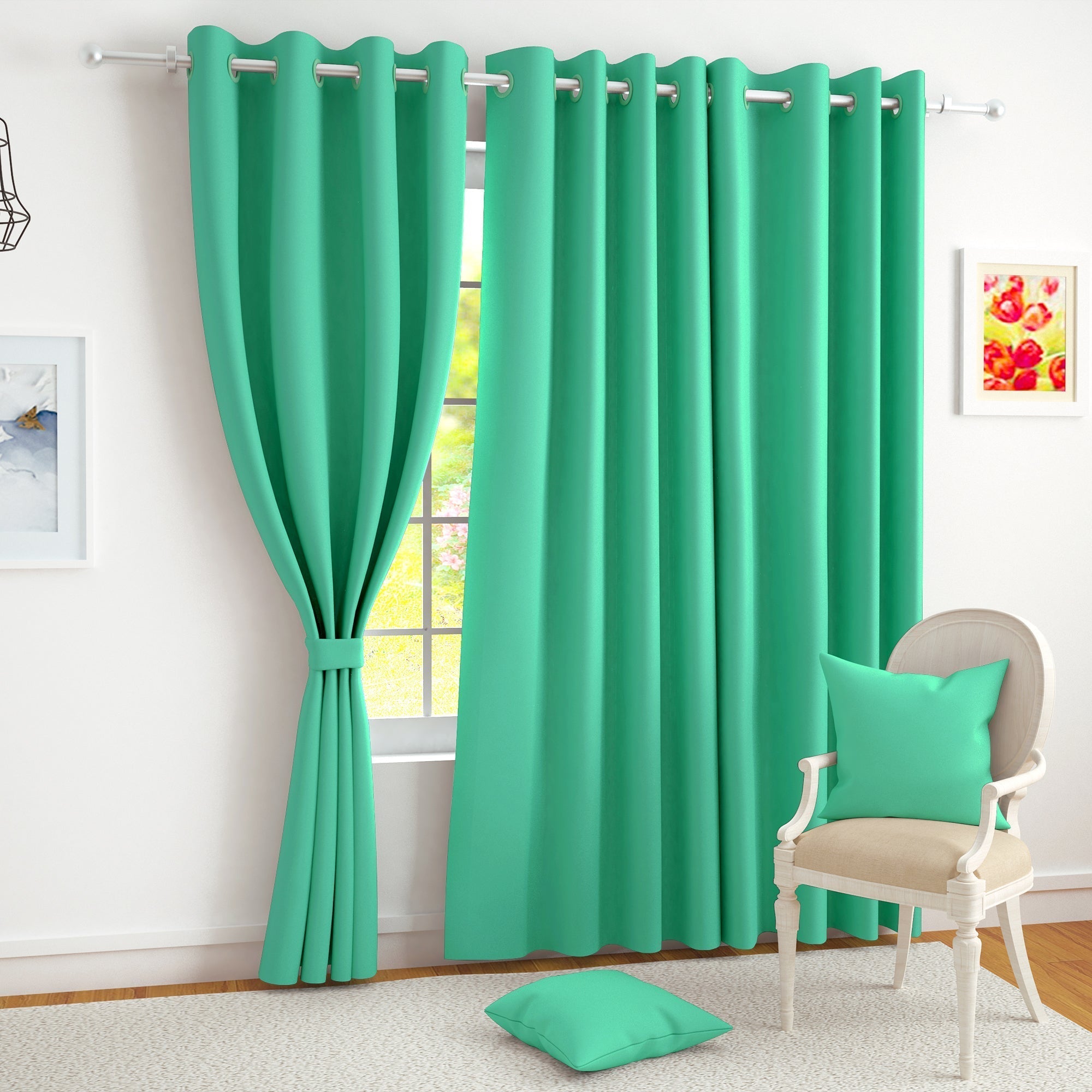 2 Pcs Green Blackout Faux Silk Room Darkening Window/Door/Semi Long Door/Long Door Curtains