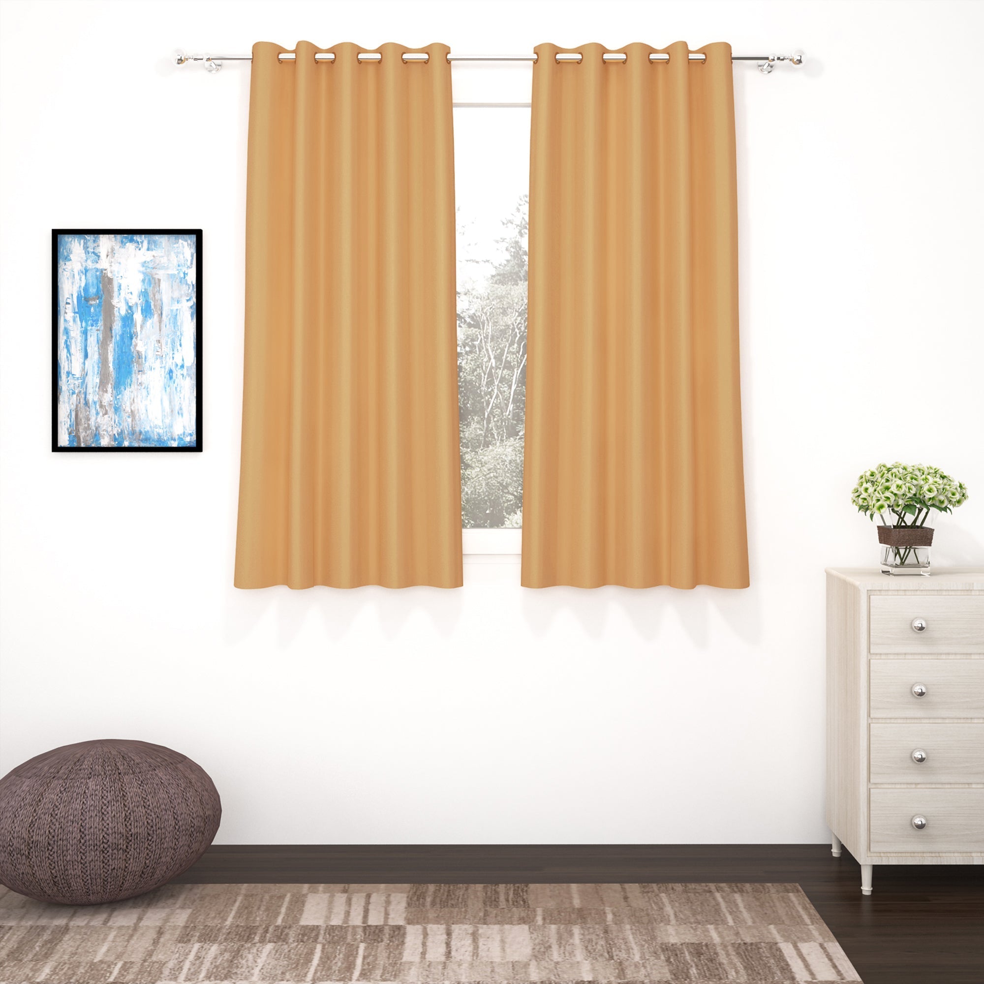 2 Pcs Mustard Blackout Faux Silk Room Darkening Window/Door/Semi Long Door/Long Door Curtains