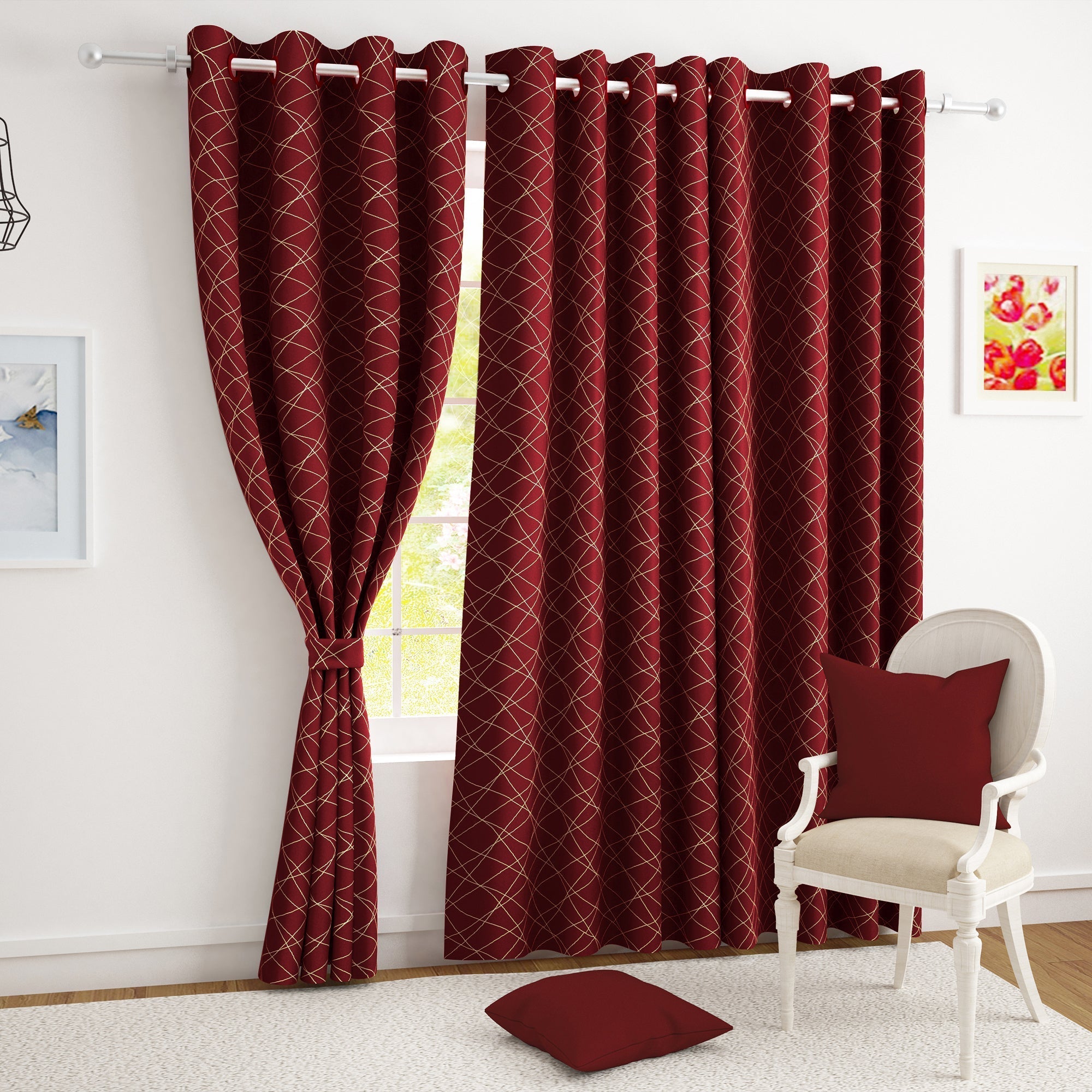 2 Pcs Blackout Foil Maroon & Golden Criss Cross Window/Door/Long Door Curtains