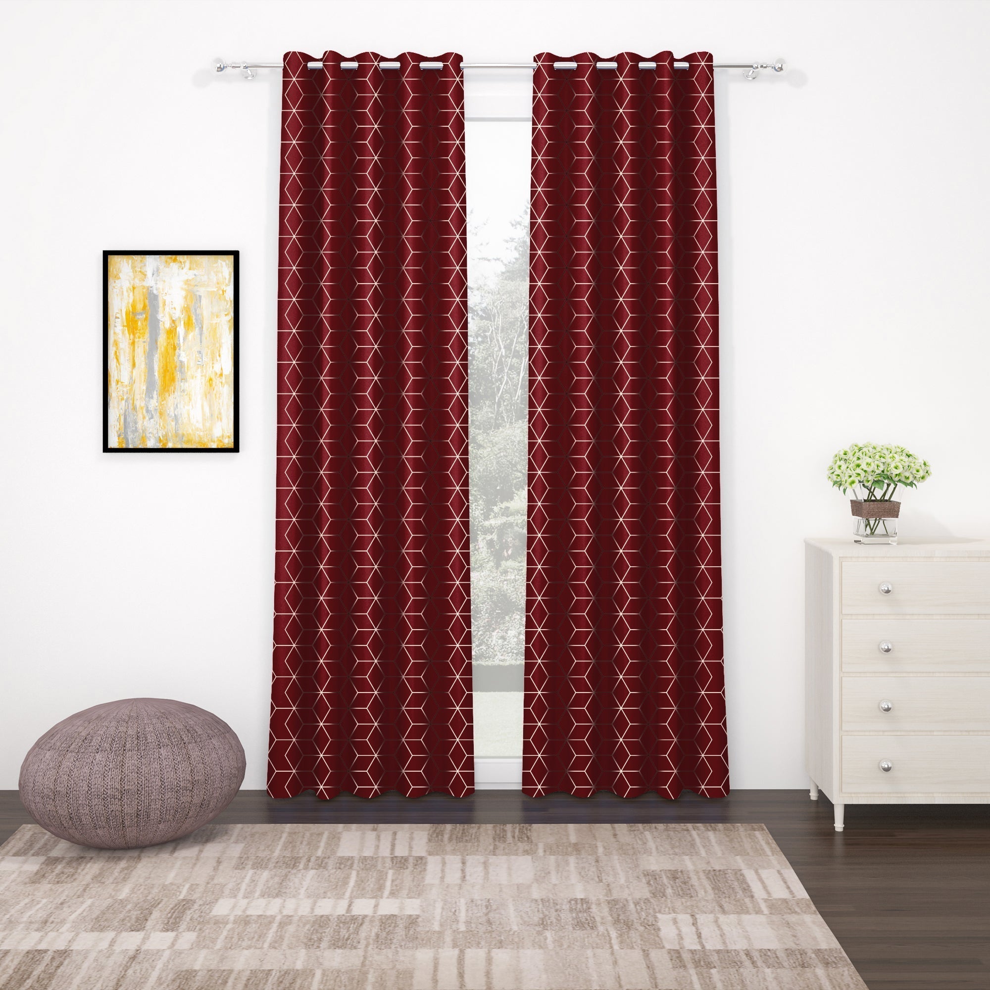 2 Pcs Blackout Foil Maroon & Golden Hexagon Window/Door/Long Door Curtains