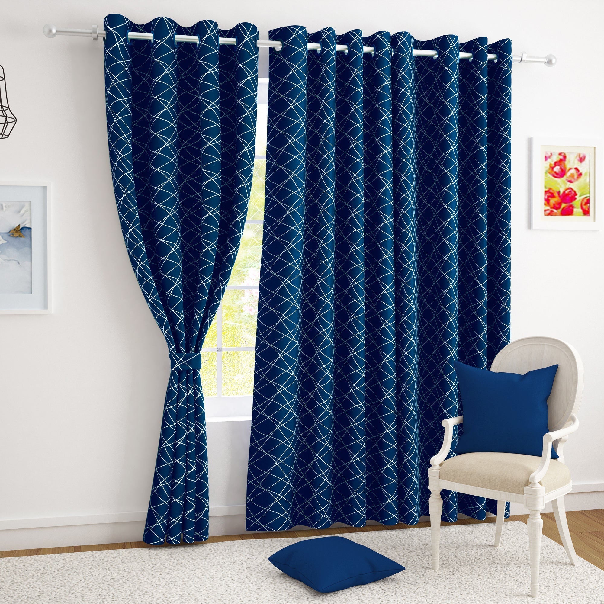 2 Pcs Blackout Foil Blue & Silver Criss Cross Window/Door/Long Door Curtains