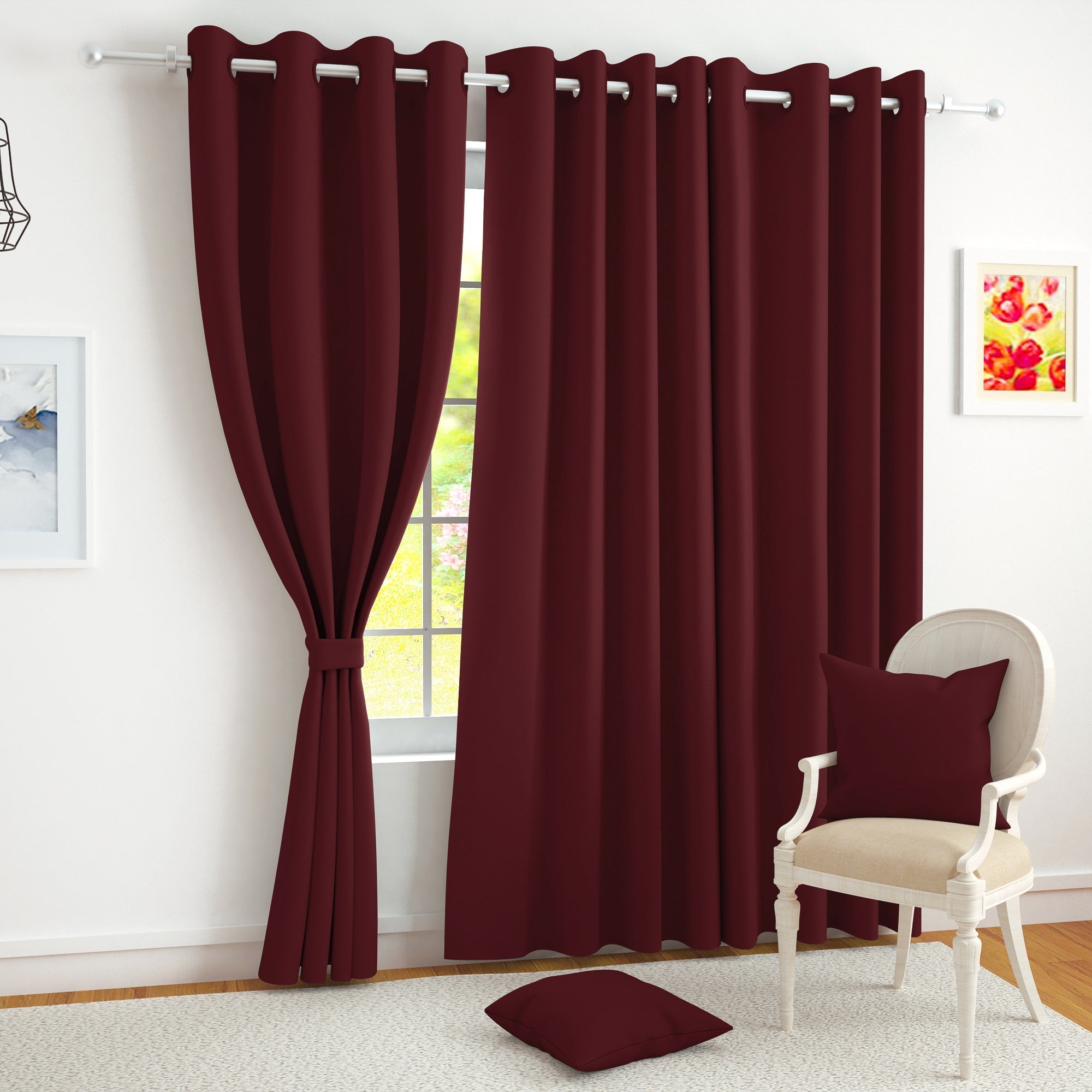 2 Pcs Maroon Blackout Faux Silk Room Darkening Window/Door/Semi Long Door/Long Door Curtains