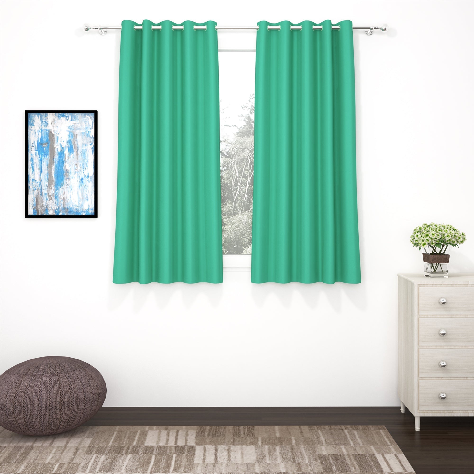 2 Pcs Green Blackout Faux Silk Room Darkening Window/Door/Semi Long Door/Long Door Curtains
