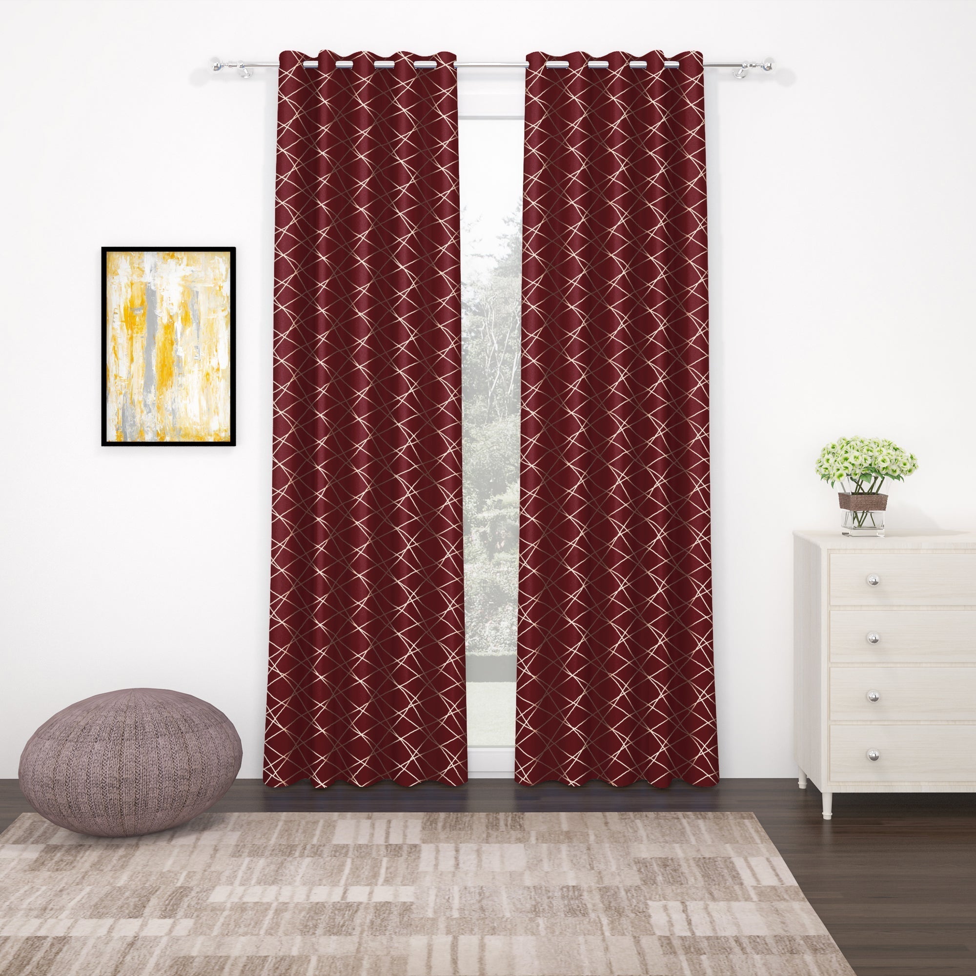 2 Pcs Blackout Foil Maroon & Golden Criss Cross Window/Door/Long Door Curtains