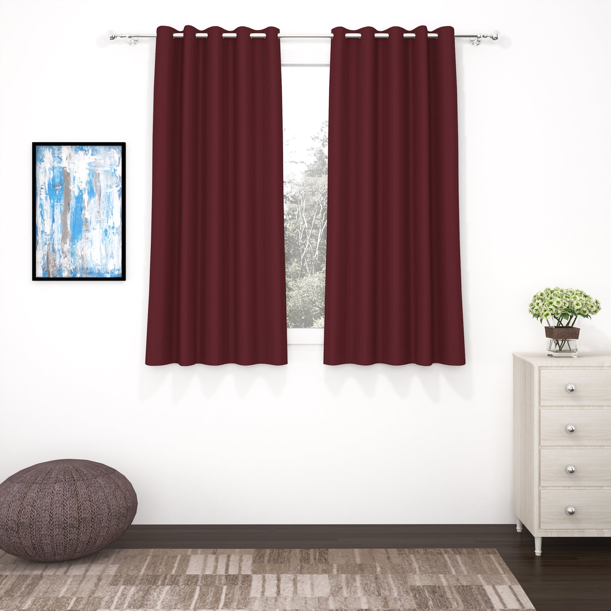 2 Pcs Maroon Blackout Faux Silk Room Darkening Window/Door/Semi Long Door/Long Door Curtains
