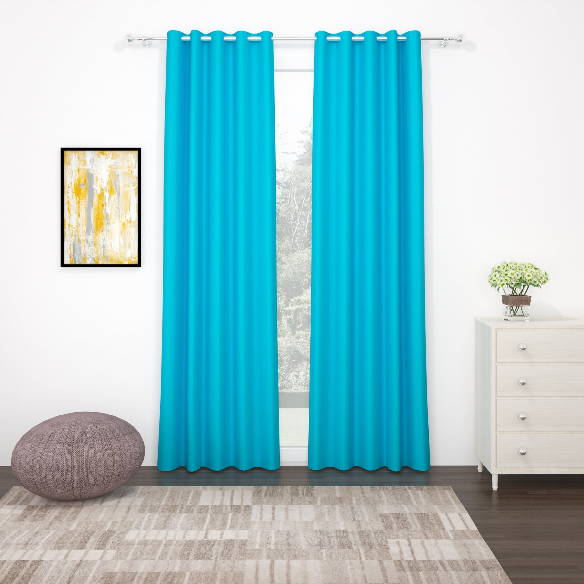 2 Pcs Blue Blackout Faux Silk Room Darkening Window/Door/Long Door Curtains