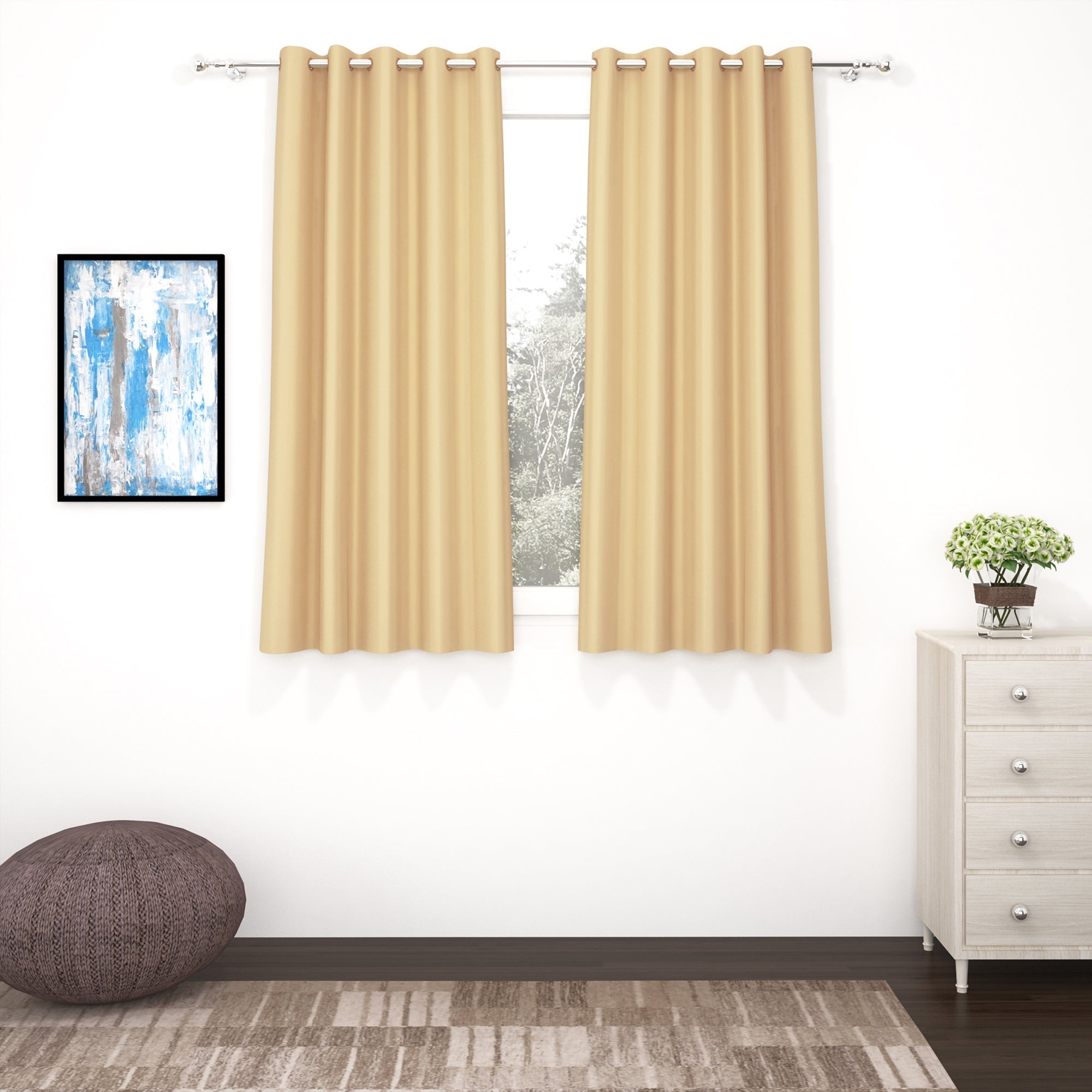 2 Pcs Cream Blackout Faux Silk Room Darkening Window/Door/Semi Long Door/Long Door Curtains
