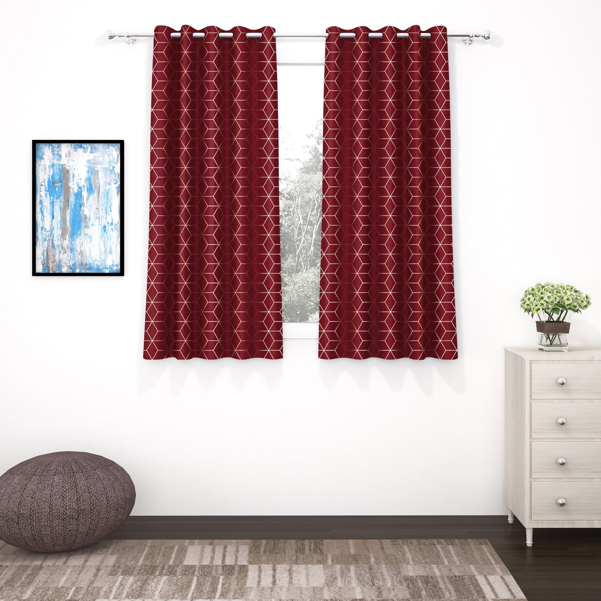 2 Pcs Blackout Foil Maroon & Golden Hexagon Window/Door/Long Door Curtains