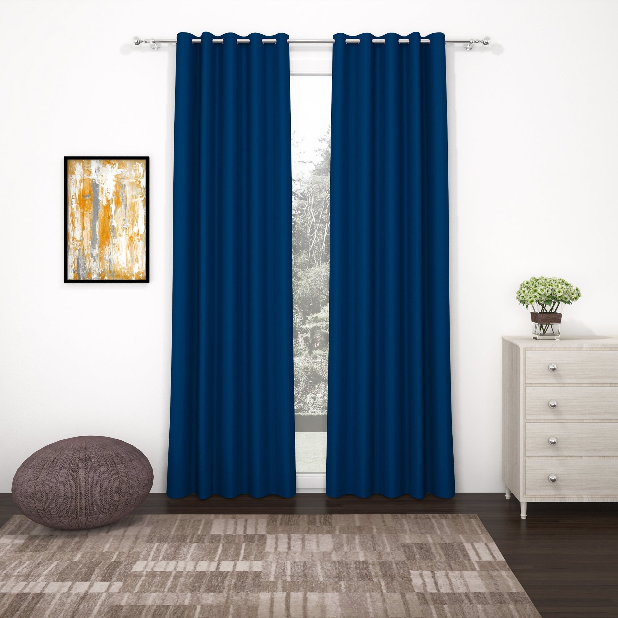 2 Pcs Blue Blackout Faux Silk Room Darkening Window/Door/Semi Long Door/Long Door Curtains