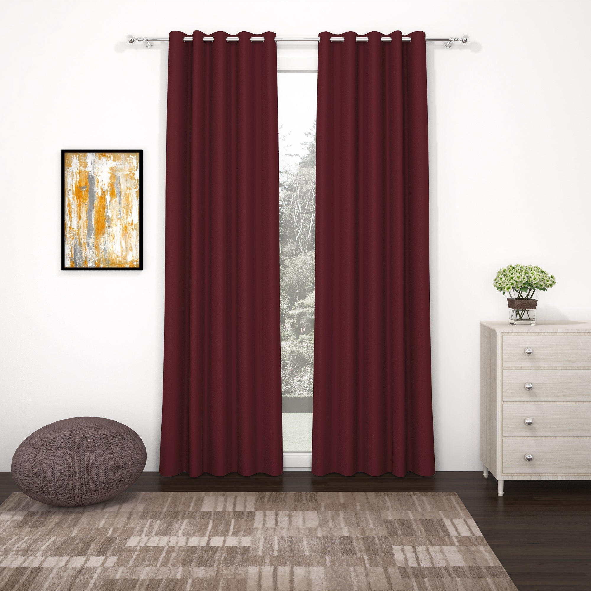 2 Pcs Maroon Blackout Faux Silk Room Darkening Window/Door/Semi Long Door/Long Door Curtains