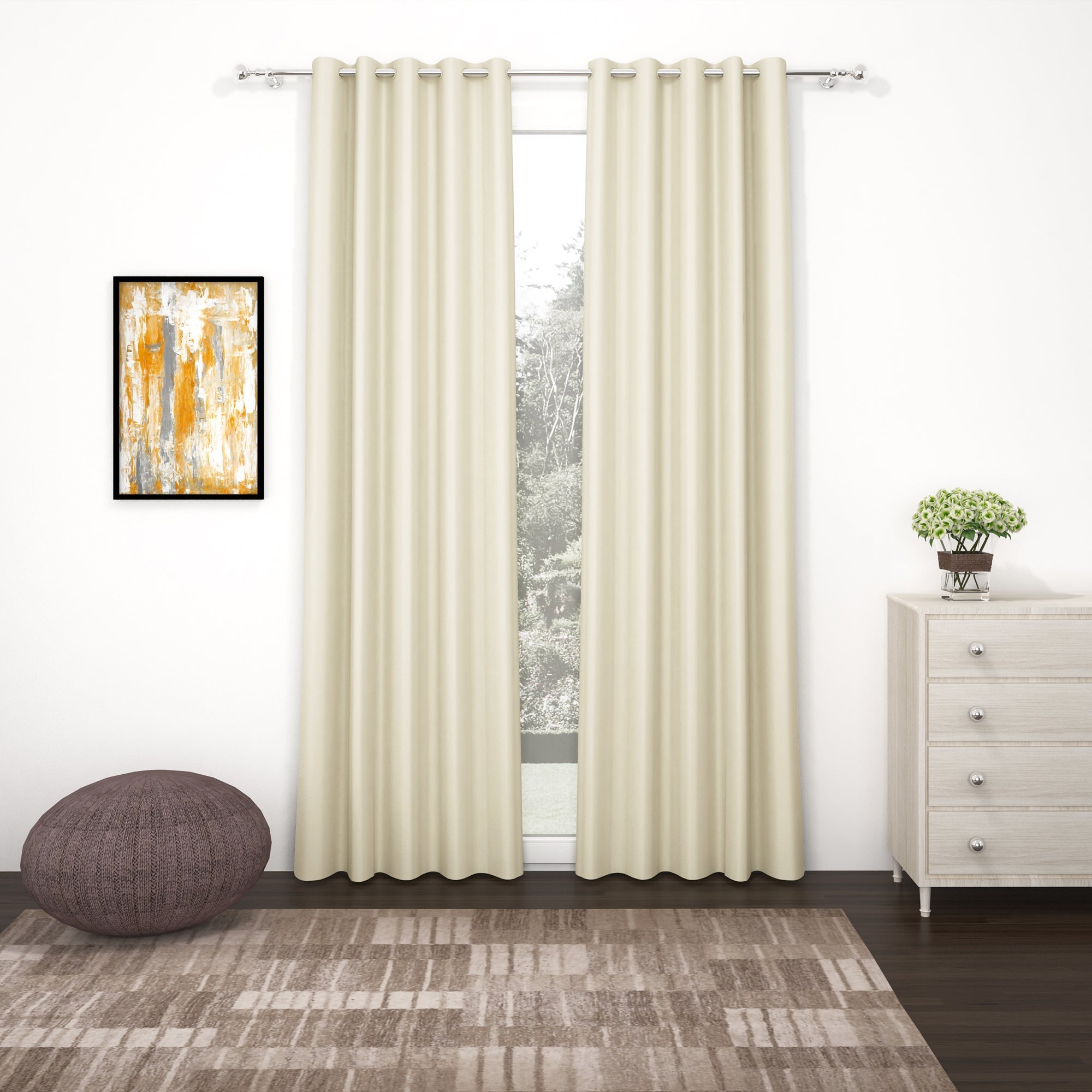 2 Pcs Beige Blackout Faux Silk Room Darkening Window/Door/Semi Long Door/Long Door Curtains