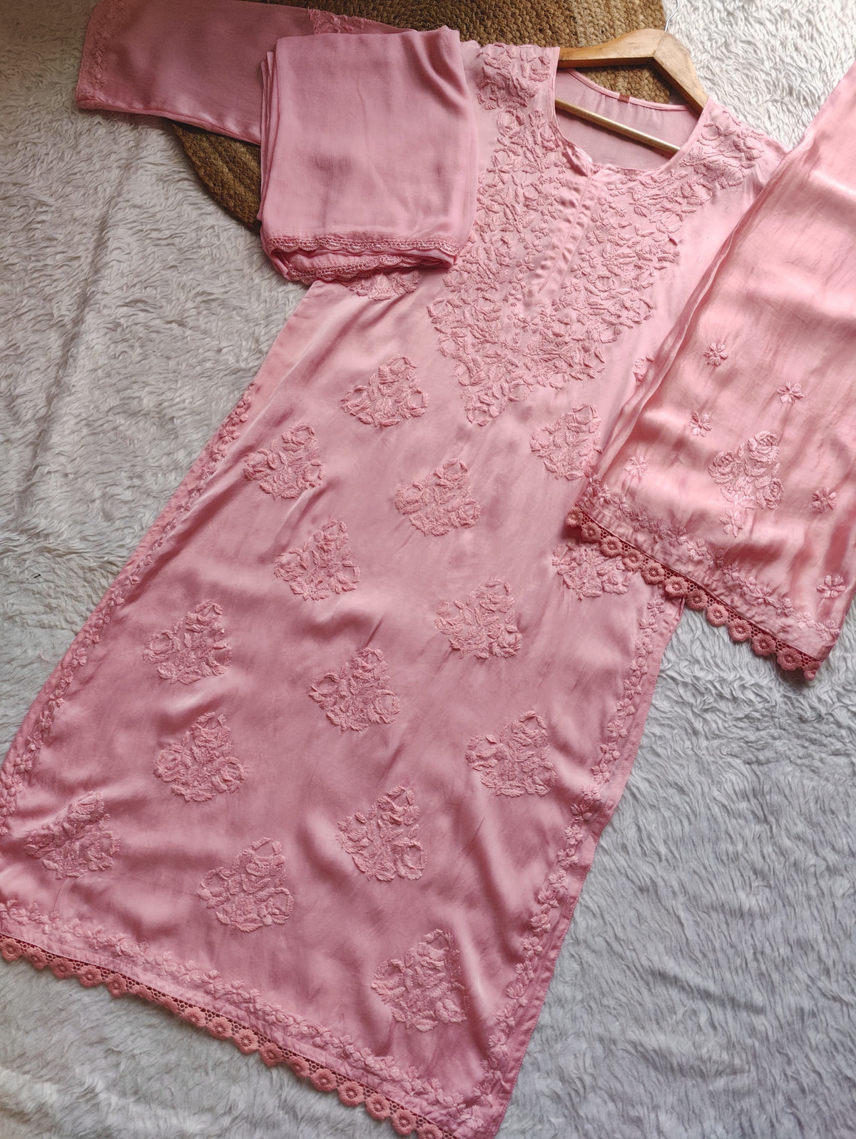 Modal Cotton Satin Embroidered 3pc Set
