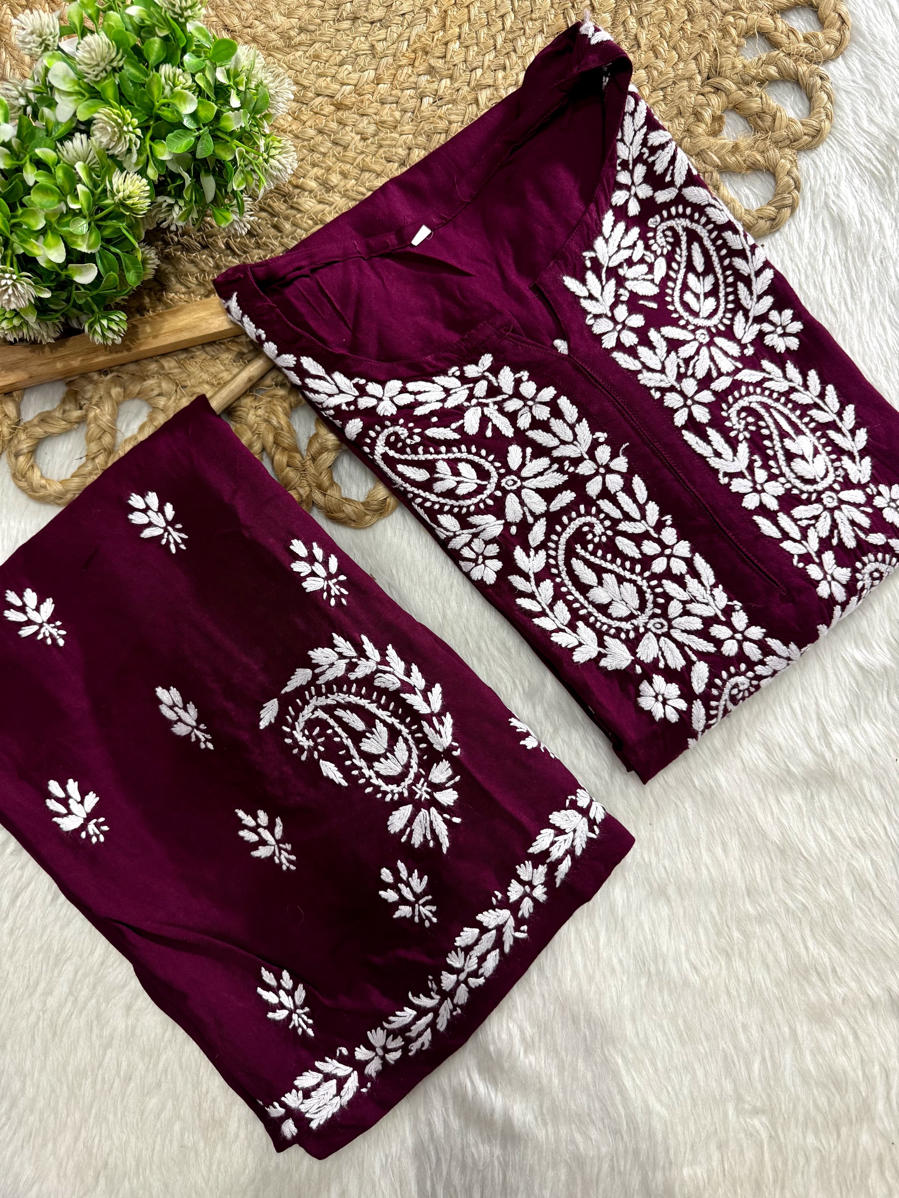 Rayon white embroidered Kurta and plazzo