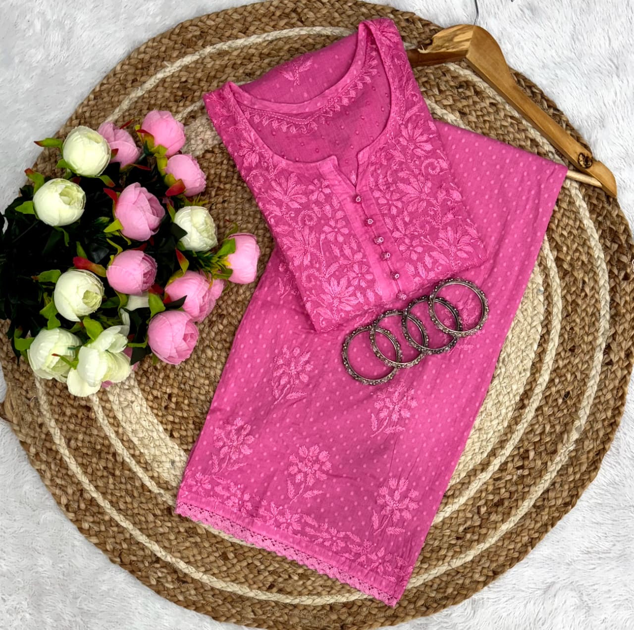 Dobby cotton embroidered tone to tone set