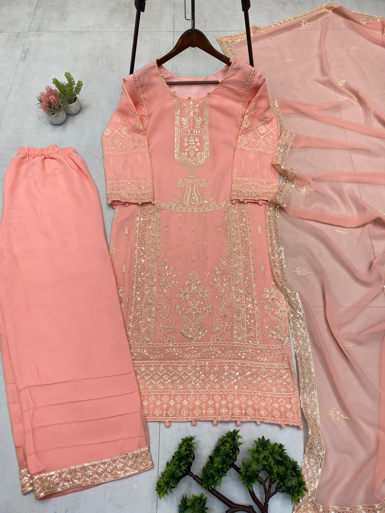 3 Pcs Plazo pair with sequence work - Chikankari official
