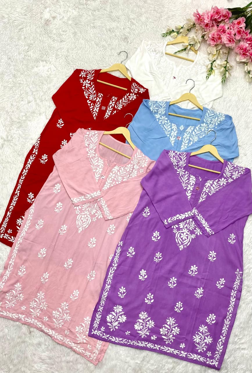 Rayon self white Embroidered