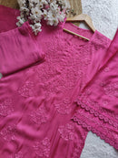Modal Cotton Satin Embroidered 3pc Set