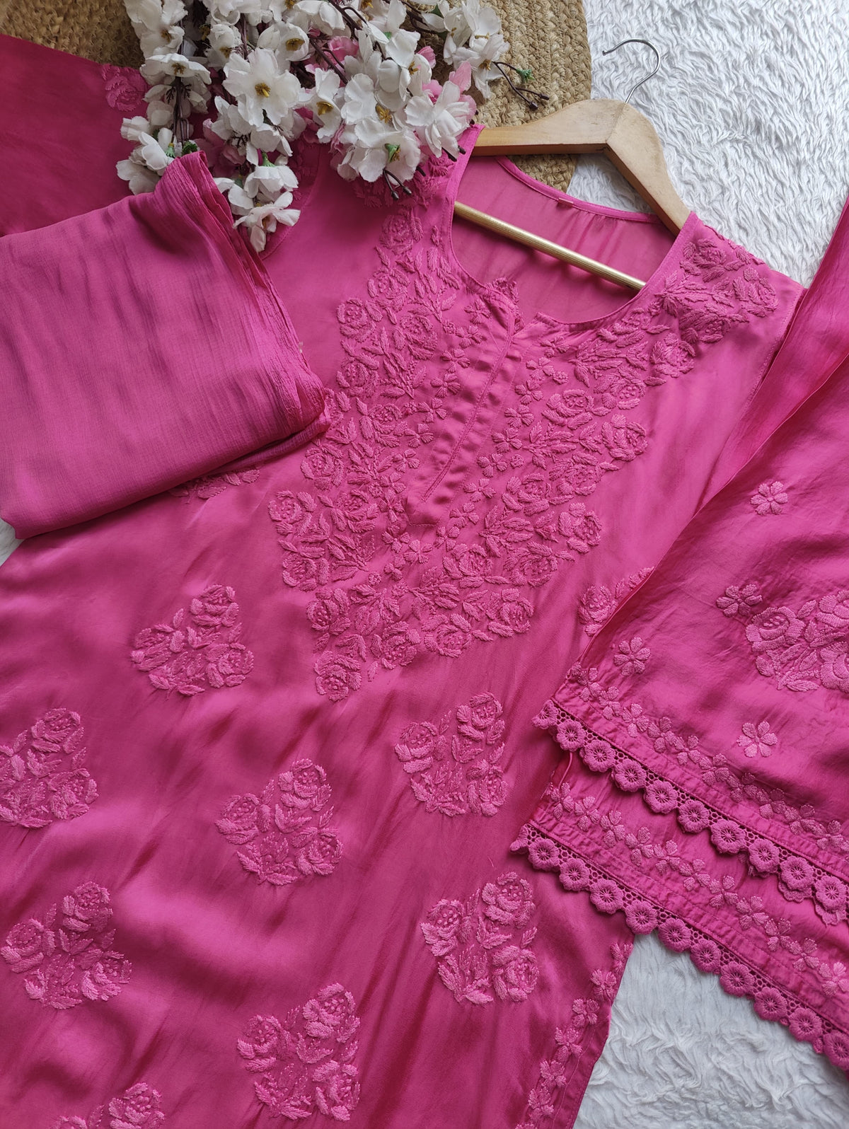 Modal Cotton Satin Embroidered 3pc Set