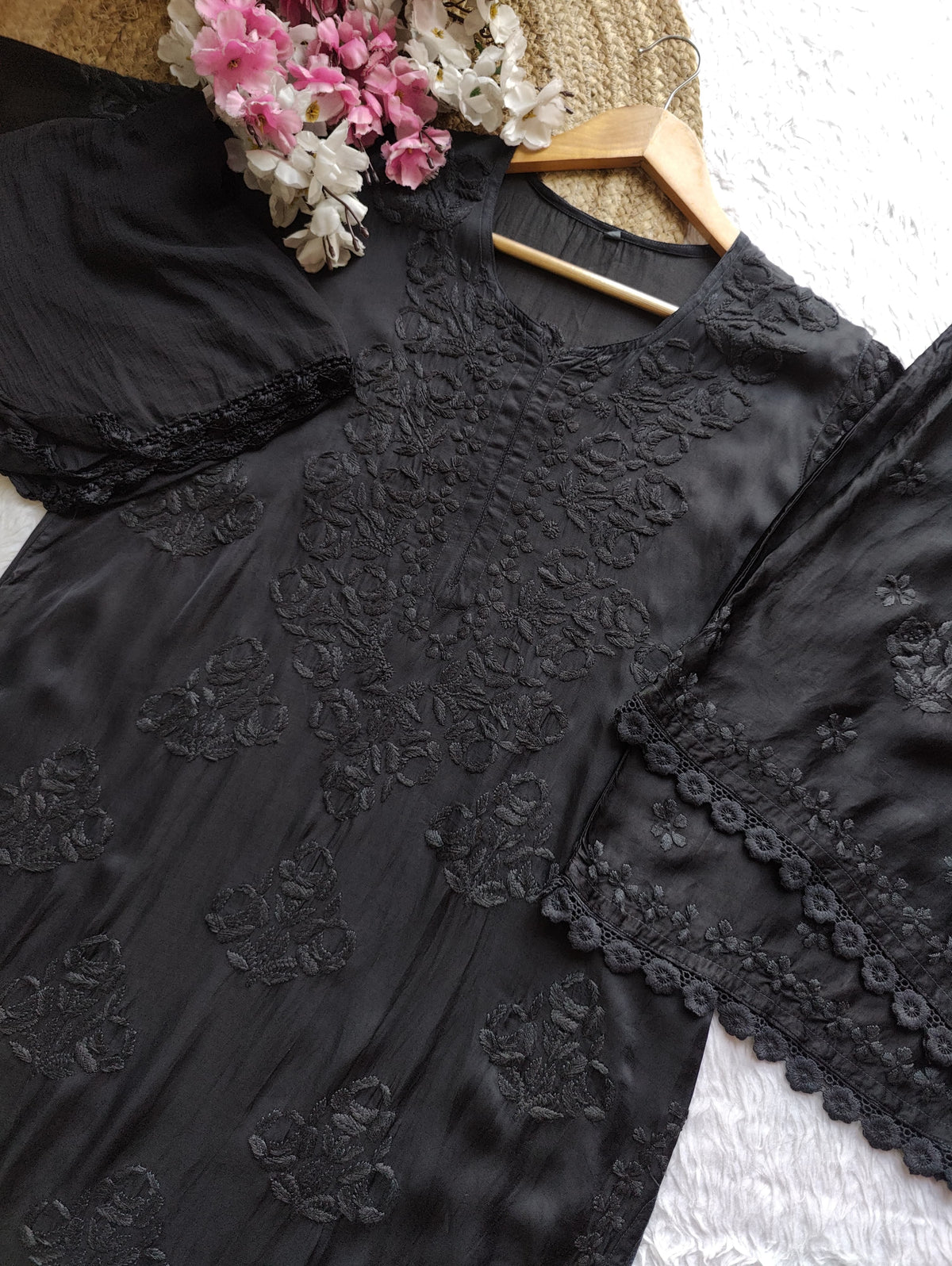 Modal Cotton Satin Embroidered 3pc Set