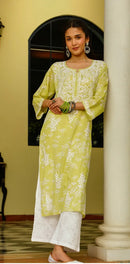 Zainab Chikankari Mulmul Printed Straight Kurta -Green