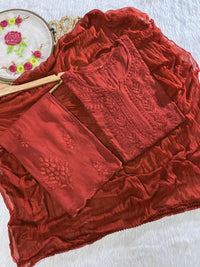 Exclusive Rayon Cutwork 3pc Set with Chiffon Dupatta