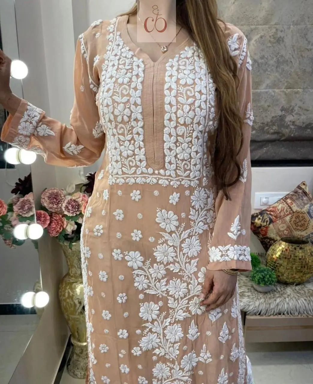 3d Jasmin Muslin Kurti - Chikankari Official