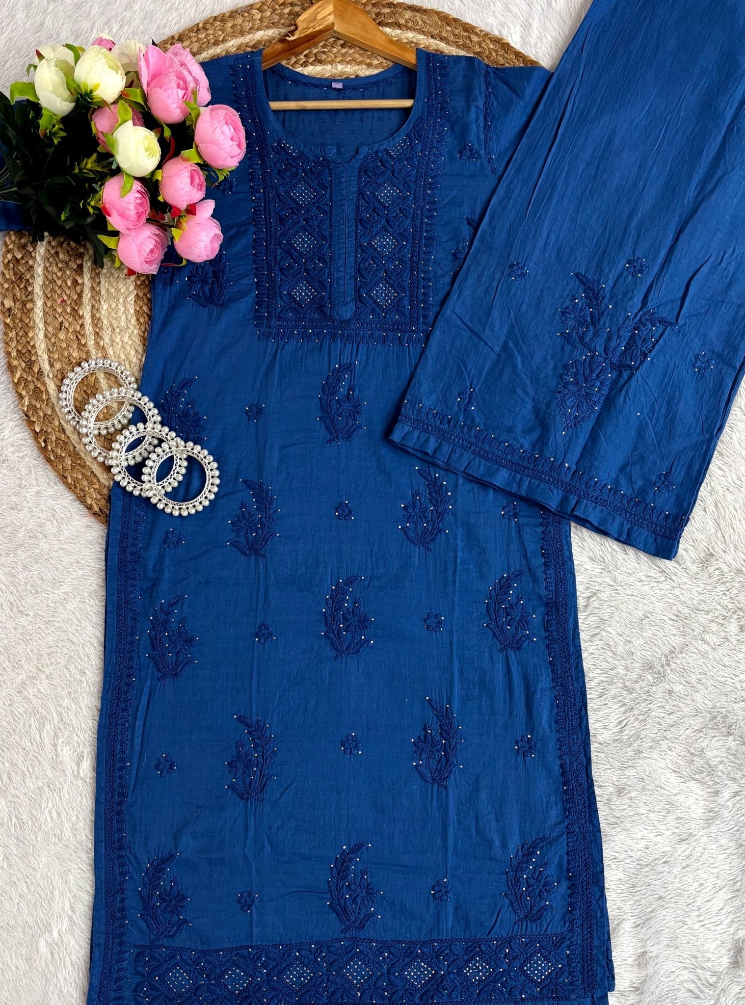 3D anchor Square Gala Muqaish thread Hand work 2pc Set - Chikankari official