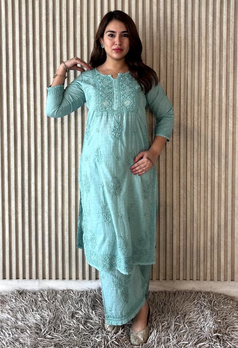 3D anchor Square Gala Muqaish thread Hand work 2pc Set - Chikankari official
