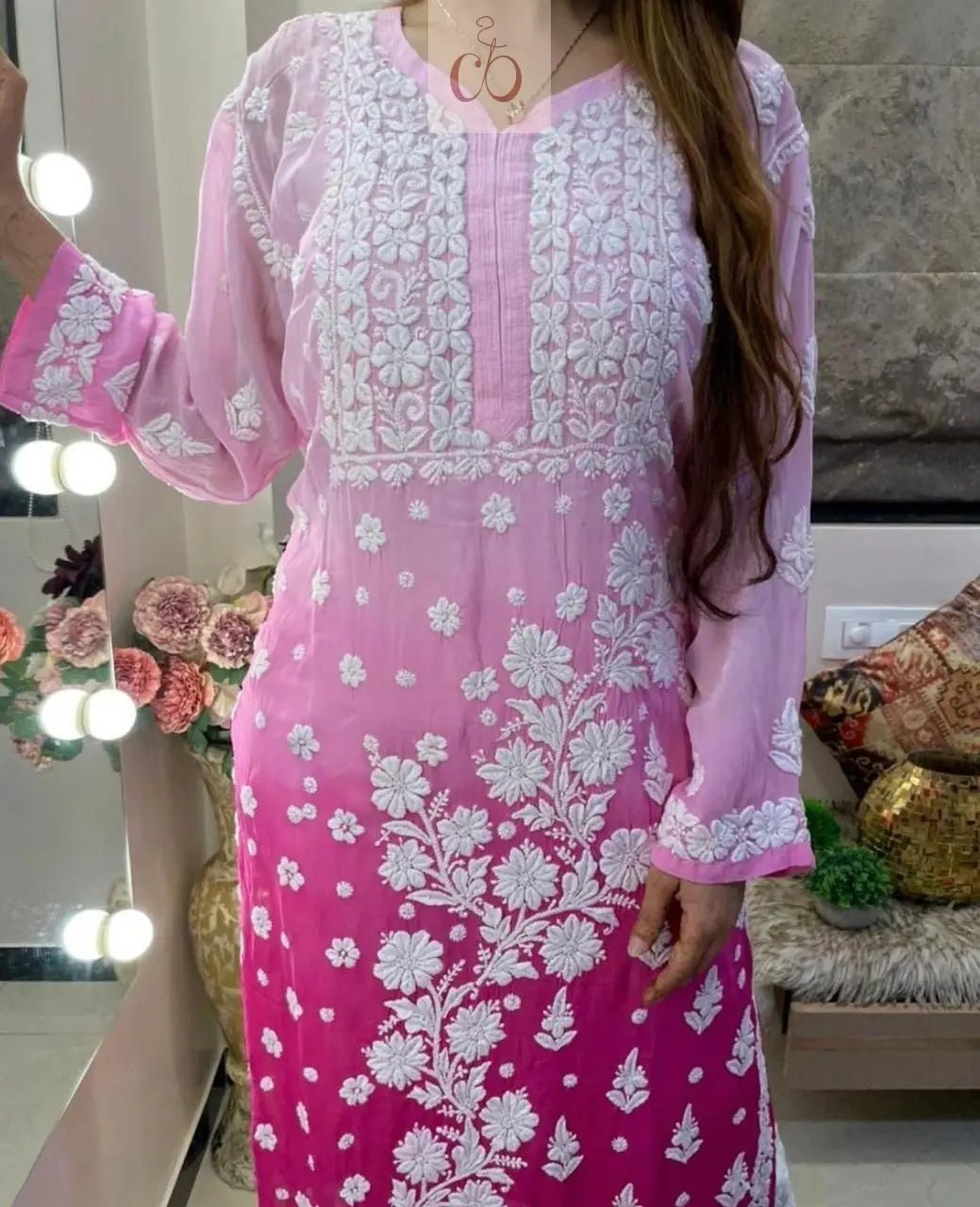3d Jasmin Muslin Kurti - Chikankari official