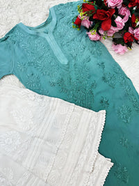 3d Lucknowi Ghaspatti Pure handwork Viscose Kurta with inner - Chikankari official