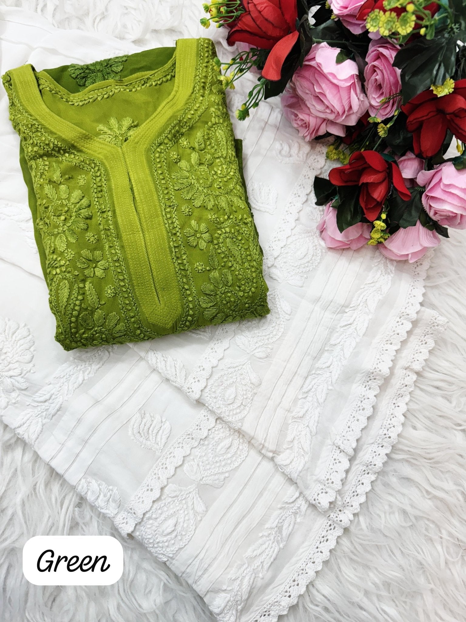 3d Lucknowi Ghaspatti Pure handwork Viscose Kurta with inner - Chikankari official