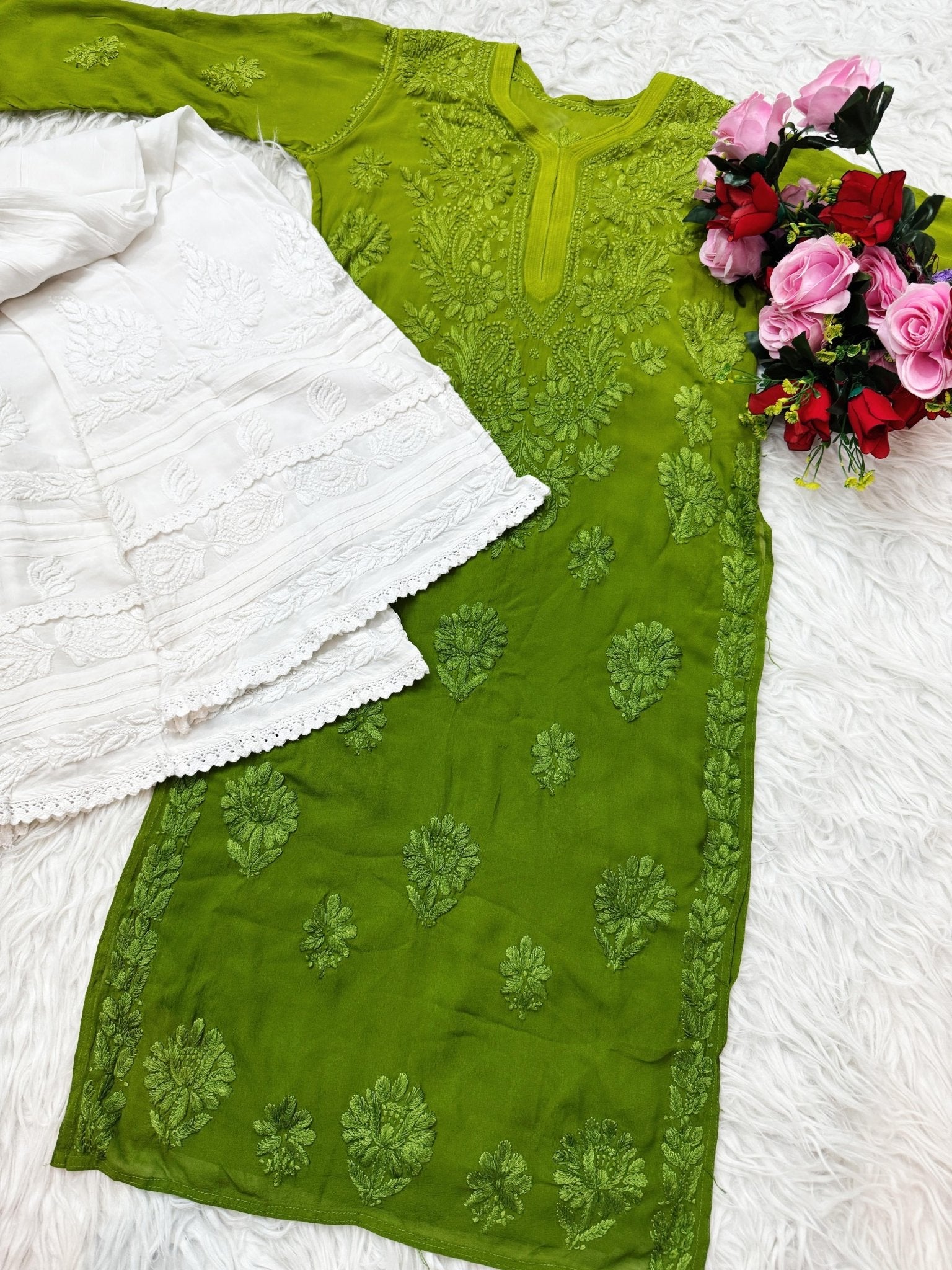 3d Lucknowi Ghaspatti Pure handwork Viscose Kurta with inner - Chikankari official
