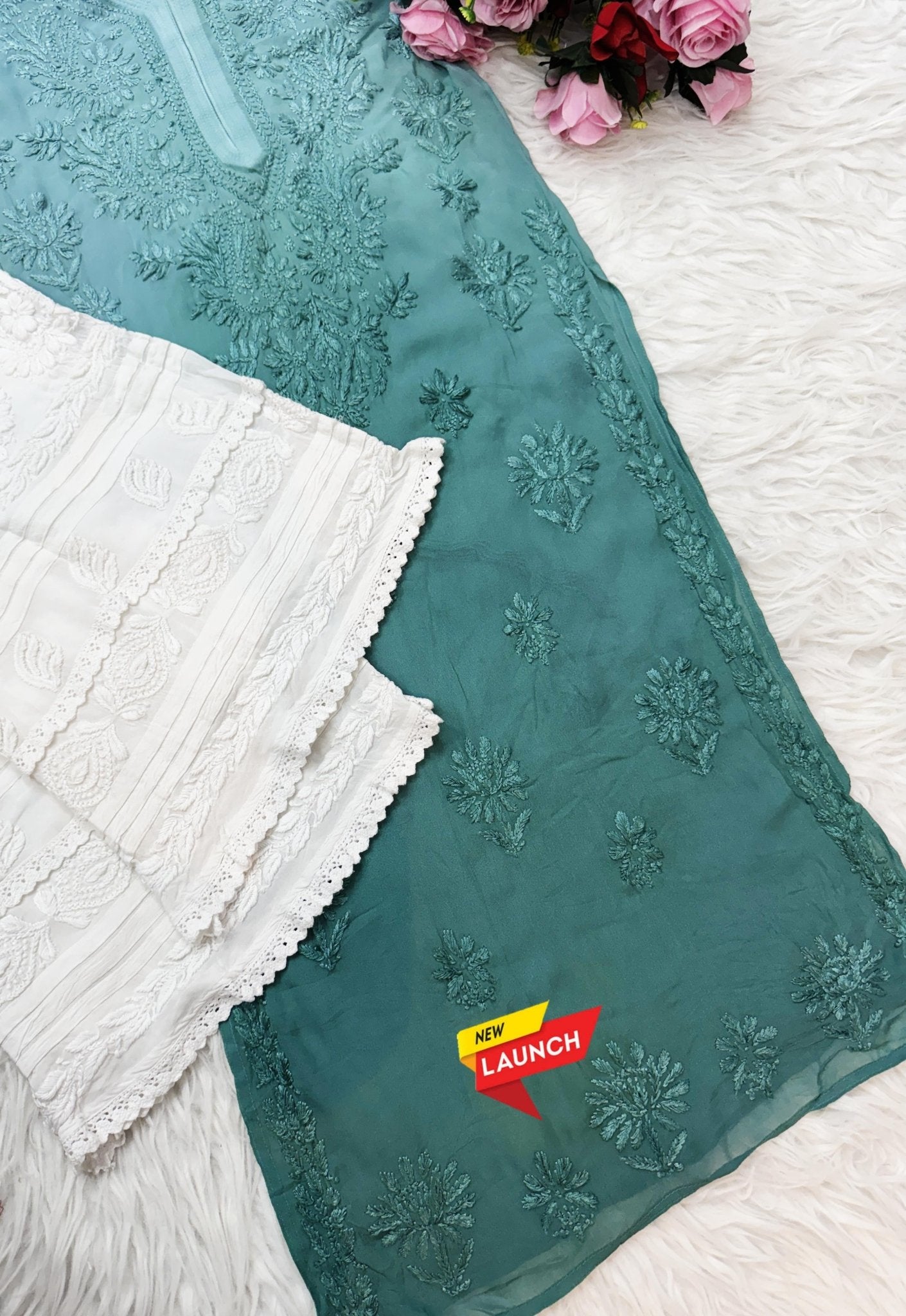 3d Lucknowi Ghaspatti Pure handwork Viscose Kurta with inner - Chikankari official