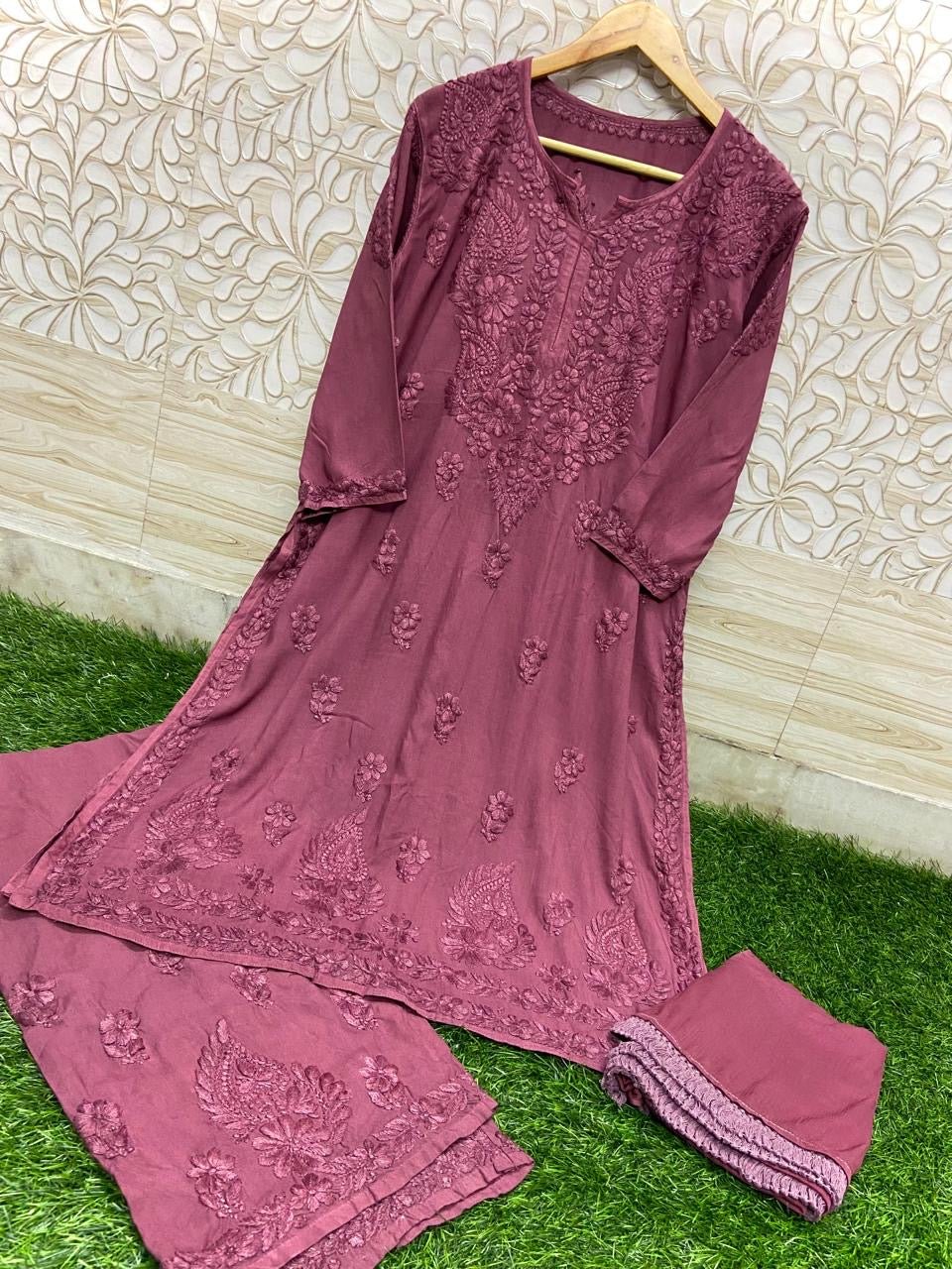 3D Work Plazzo Set Premium Heavy silky Reyon Kurti Plazzo Dupatta Set - Chikankari official