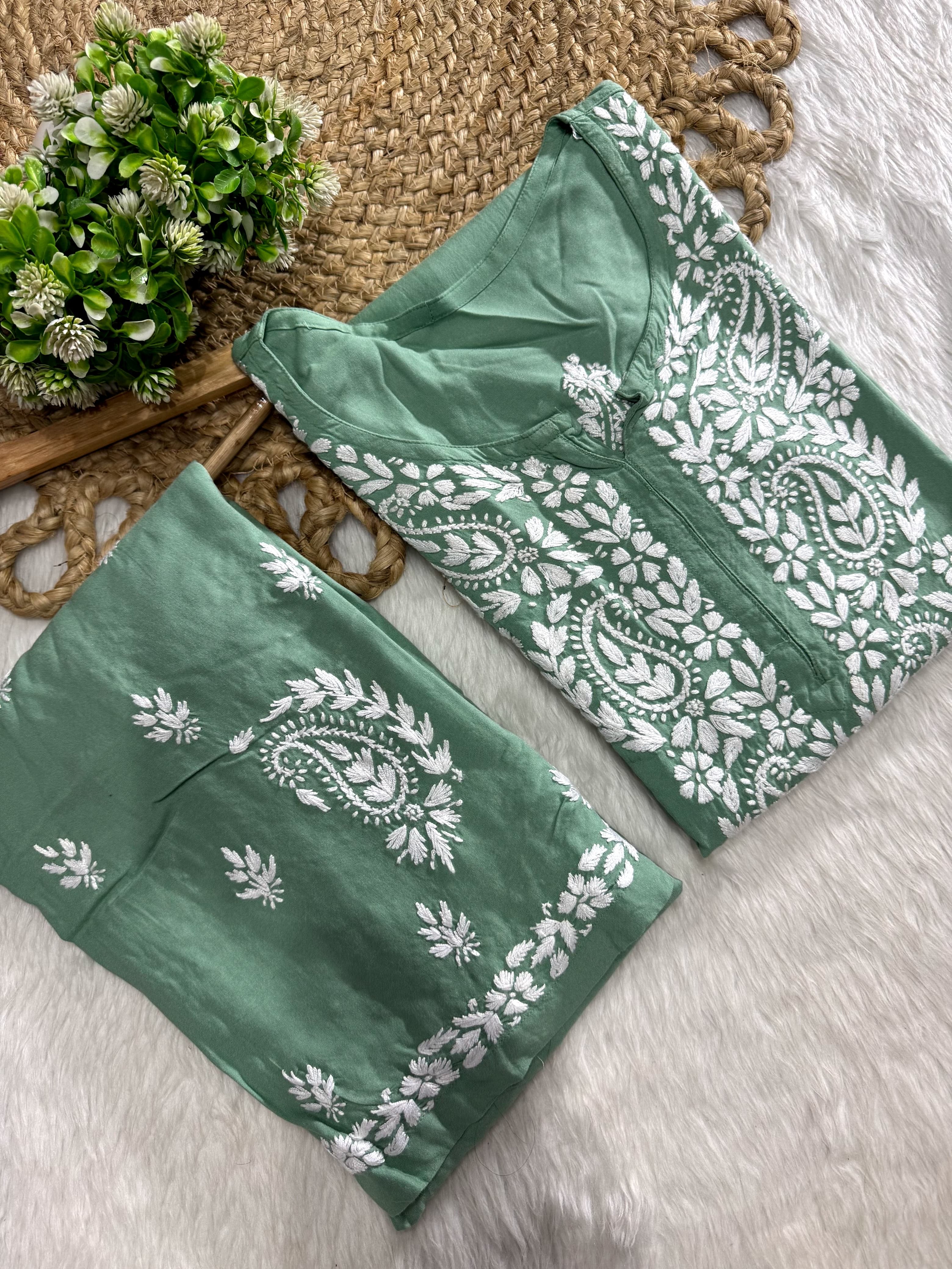 Rayon white embroidered Kurta and plazzo