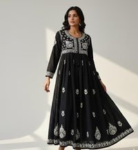 Yolk Black Gown with white chikankari work