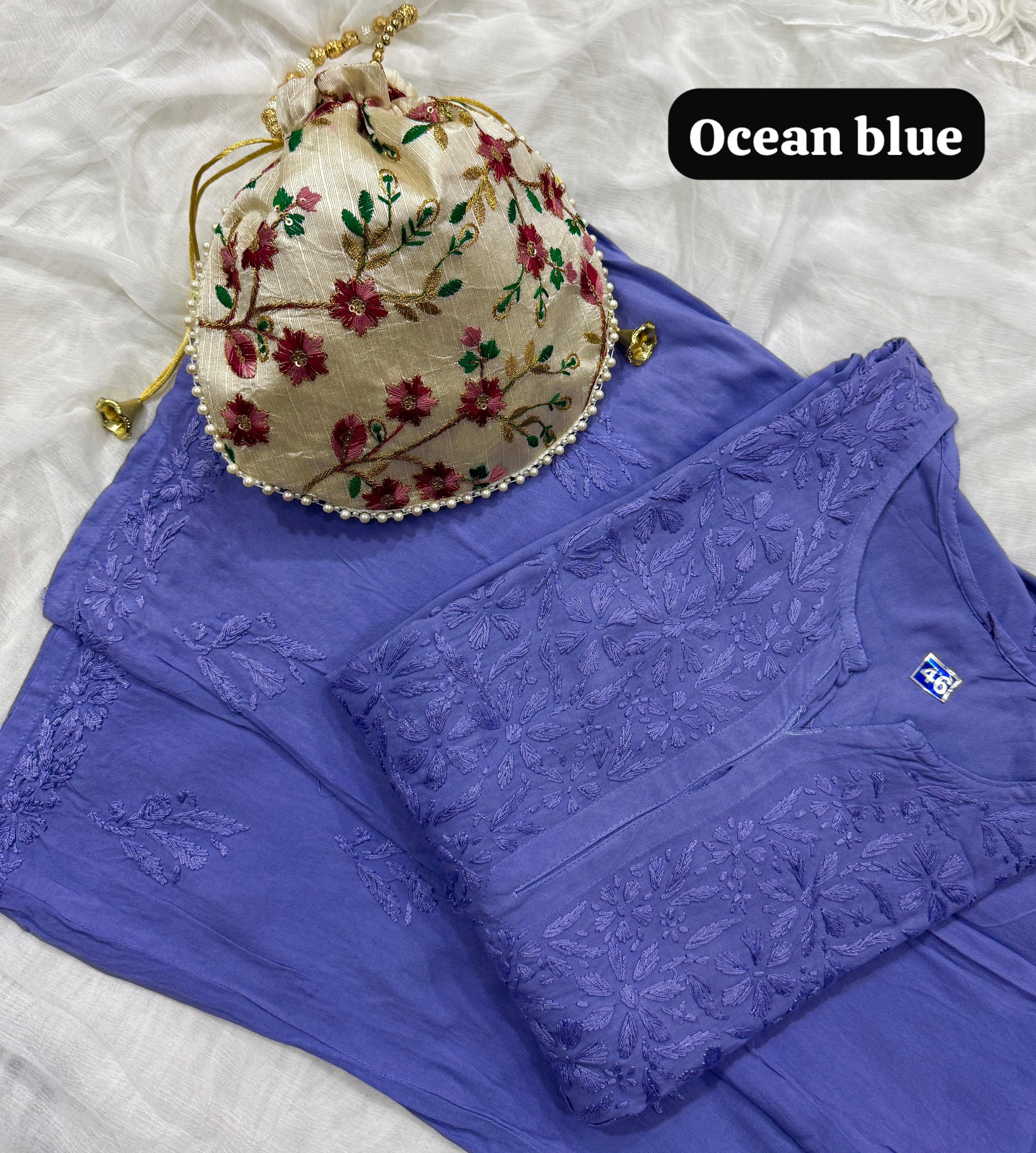 Modal lucknowi Daman rich work Kurta and plazzo with Potli Bag